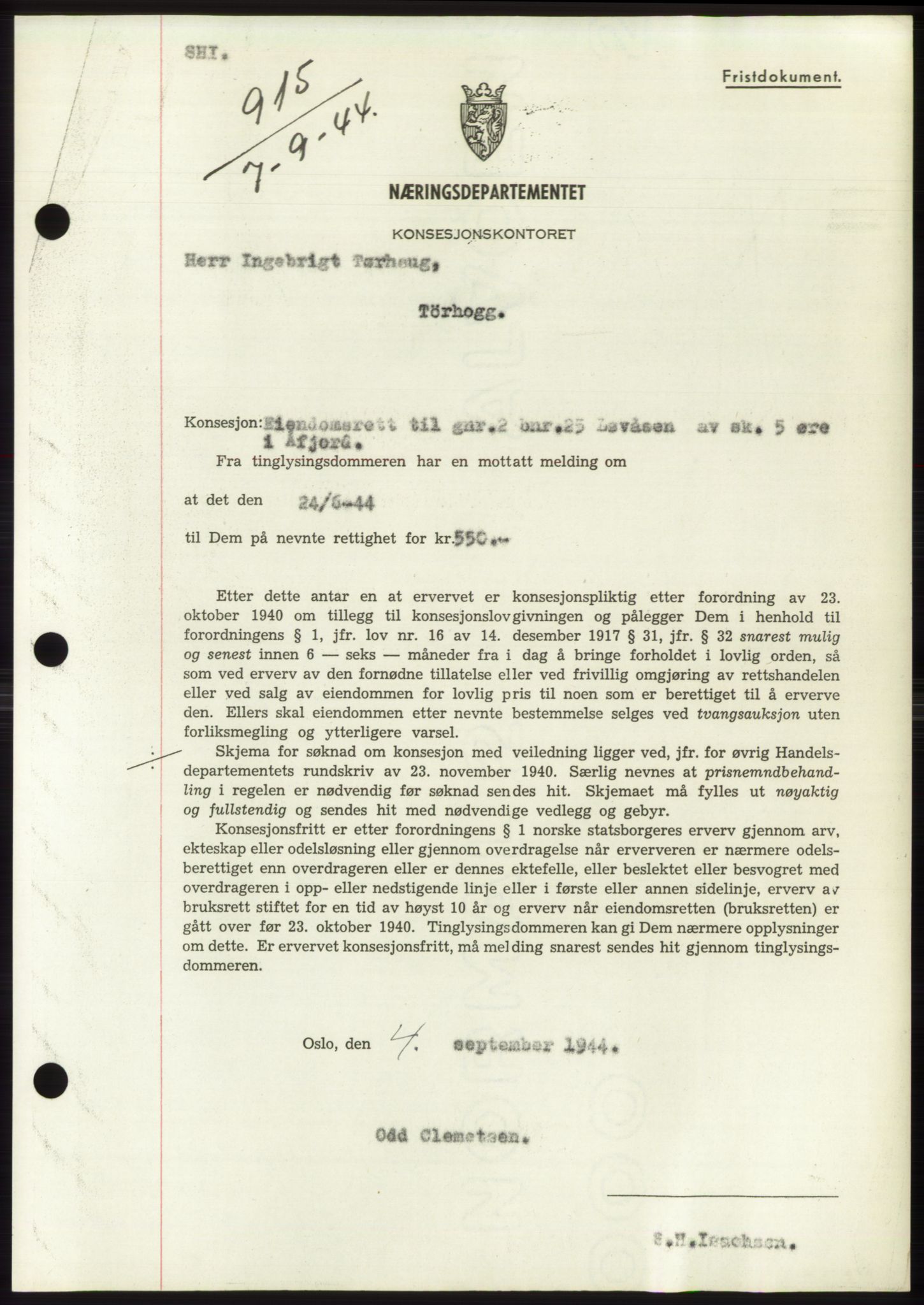 Fosen sorenskriveri, AV/SAT-A-1107/1/2/2C: Mortgage book no. B1, 1943-1946, Diary no: : 915/1944