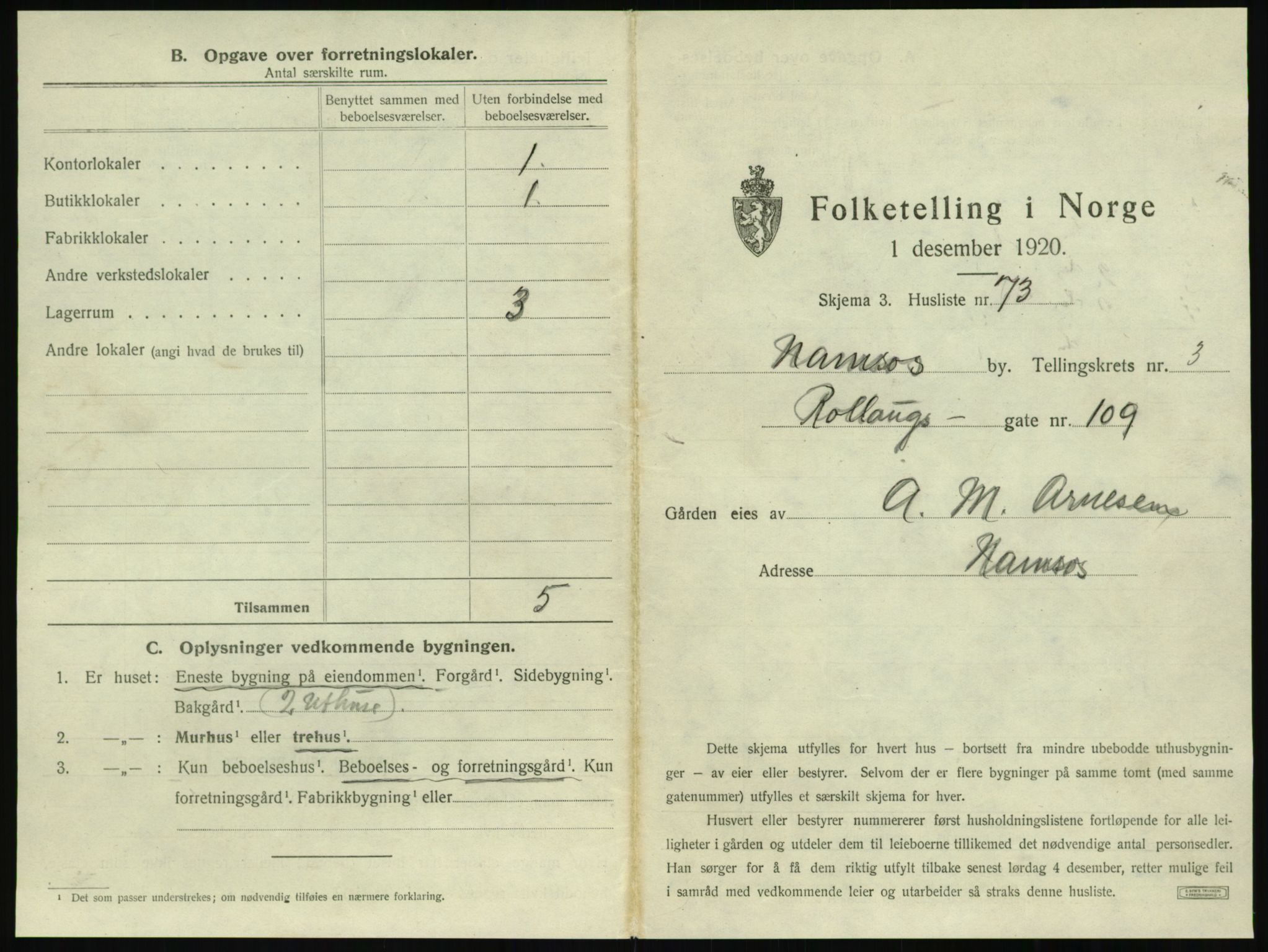 SAT, 1920 census for Namsos, 1920, p. 407