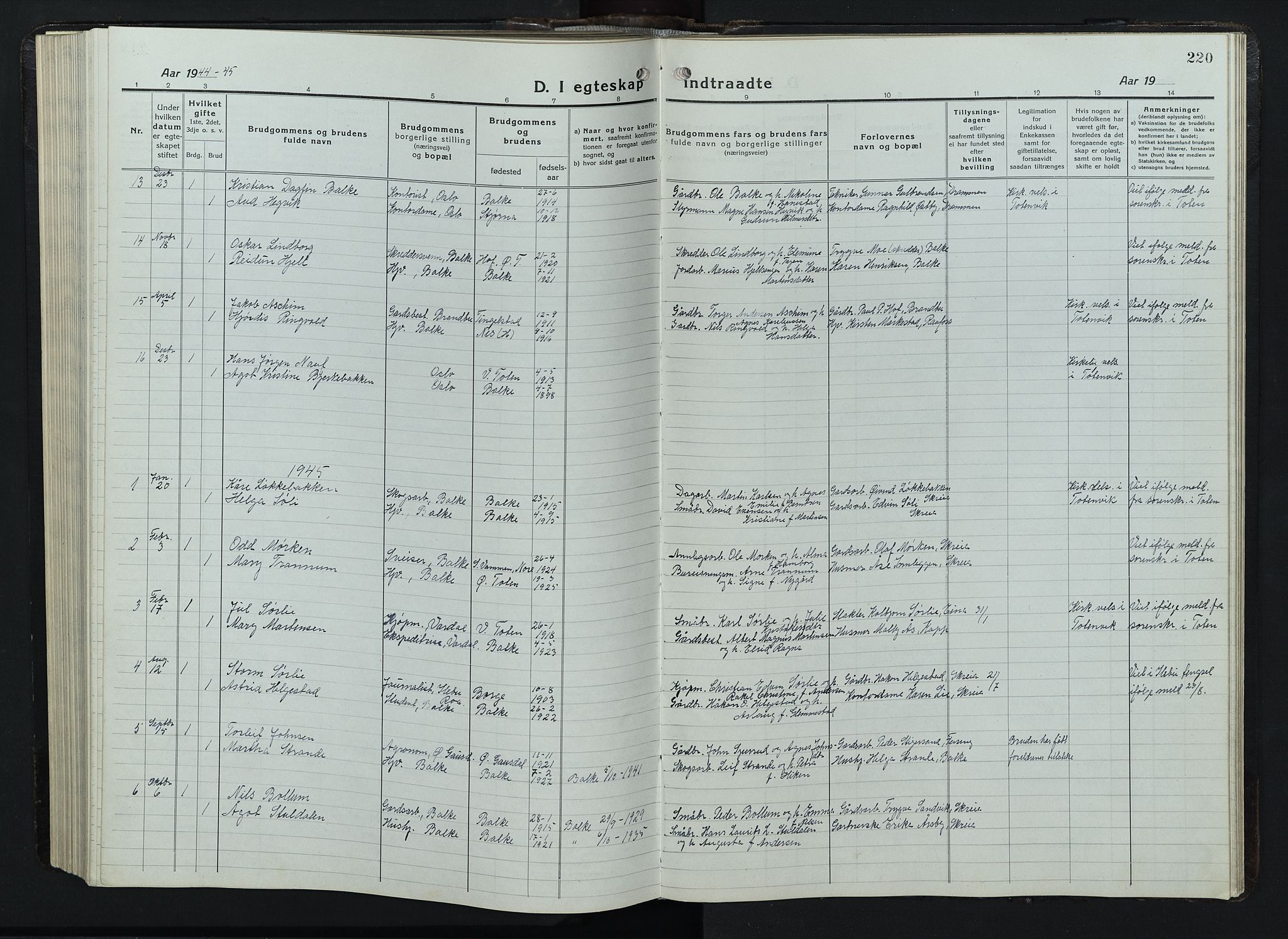 Balke prestekontor, SAH/PREST-106/H/Ha/Hab/L0001: Parish register (copy) no. 1, 1920-1955, p. 220