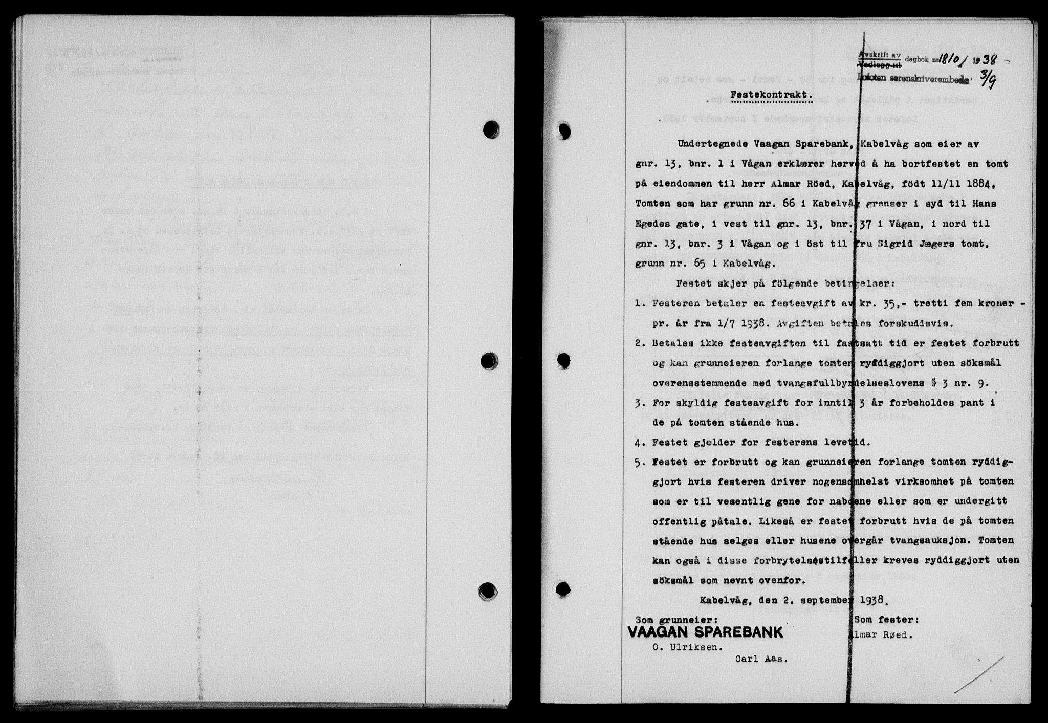 Lofoten sorenskriveri, SAT/A-0017/1/2/2C/L0004a: Mortgage book no. 4a, 1938-1938, Diary no: : 1810/1938