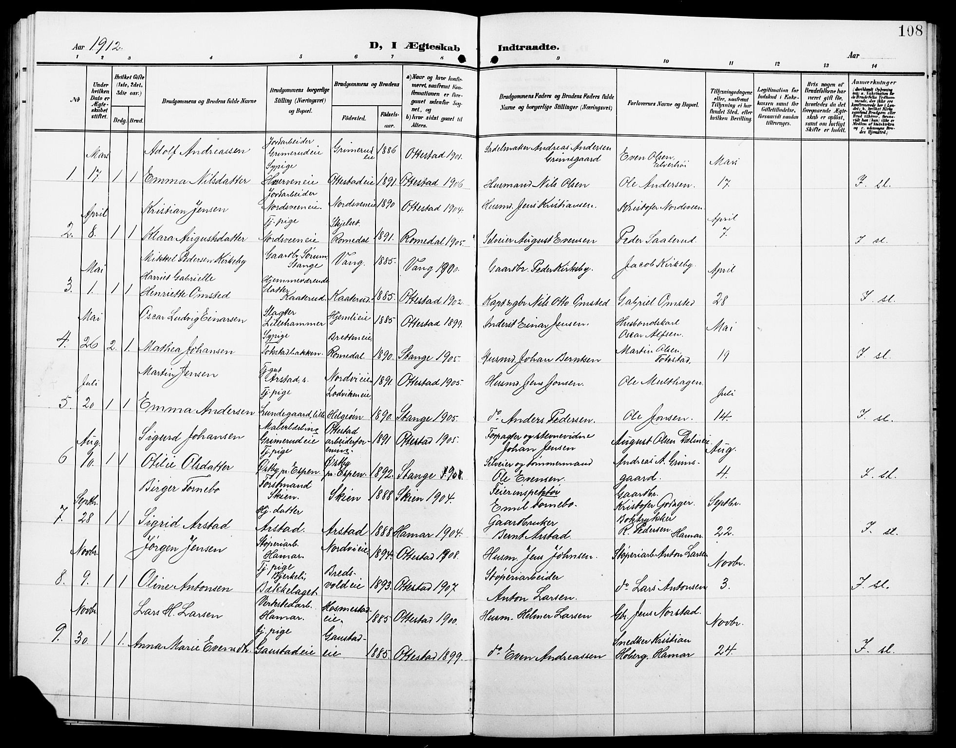 Stange prestekontor, SAH/PREST-002/L/L0013: Parish register (copy) no. 13, 1906-1915, p. 108