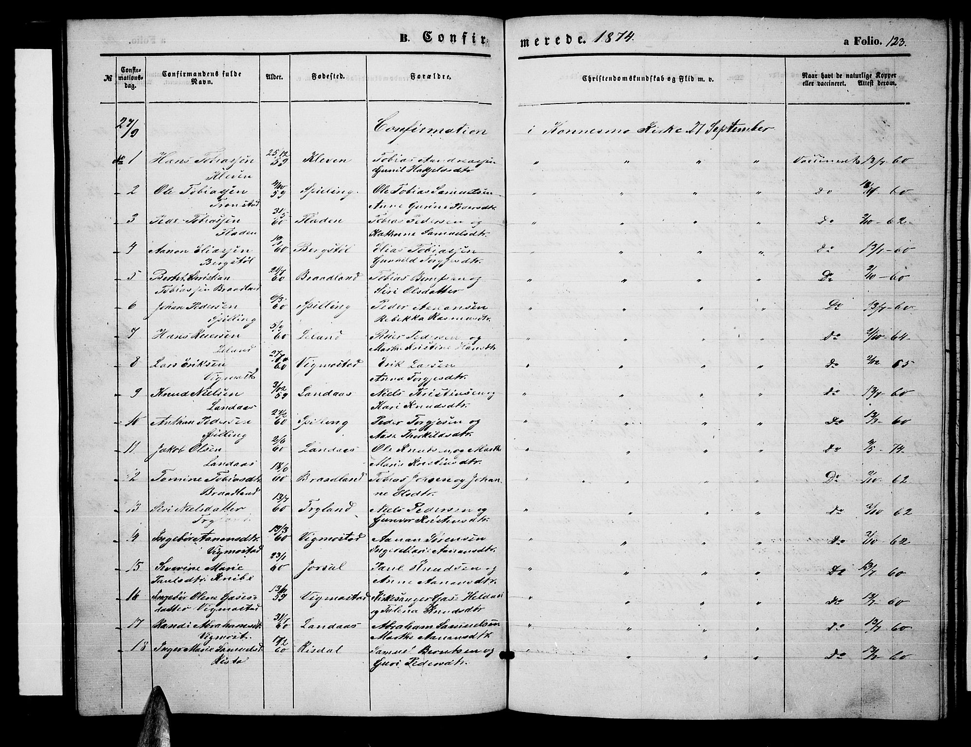 Nord-Audnedal sokneprestkontor, AV/SAK-1111-0032/F/Fb/Fbb/L0002: Parish register (copy) no. B 2, 1859-1882, p. 123