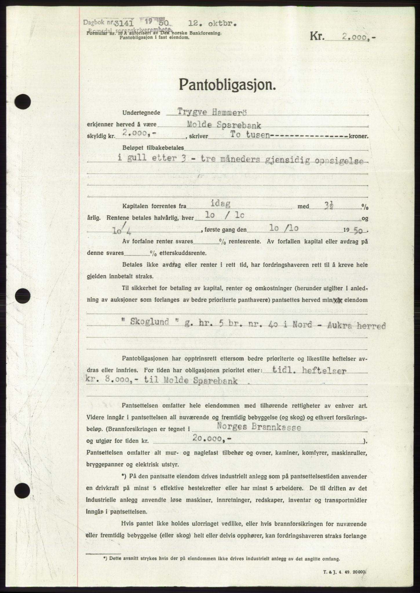 Romsdal sorenskriveri, AV/SAT-A-4149/1/2/2C: Mortgage book no. B5, 1949-1950, Diary no: : 3141/1950