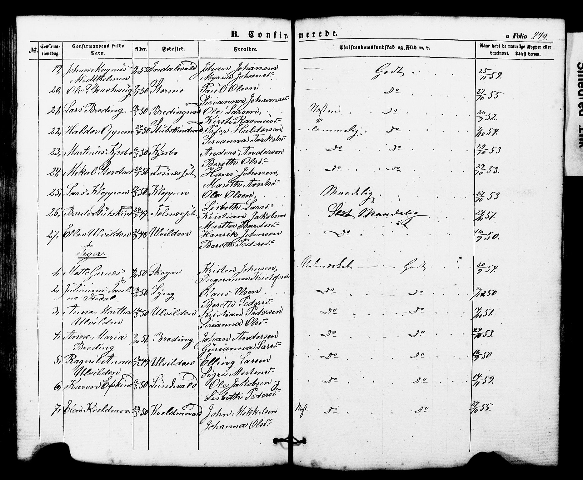 Ministerialprotokoller, klokkerbøker og fødselsregistre - Nord-Trøndelag, AV/SAT-A-1458/724/L0268: Parish register (copy) no. 724C04, 1846-1878, p. 249