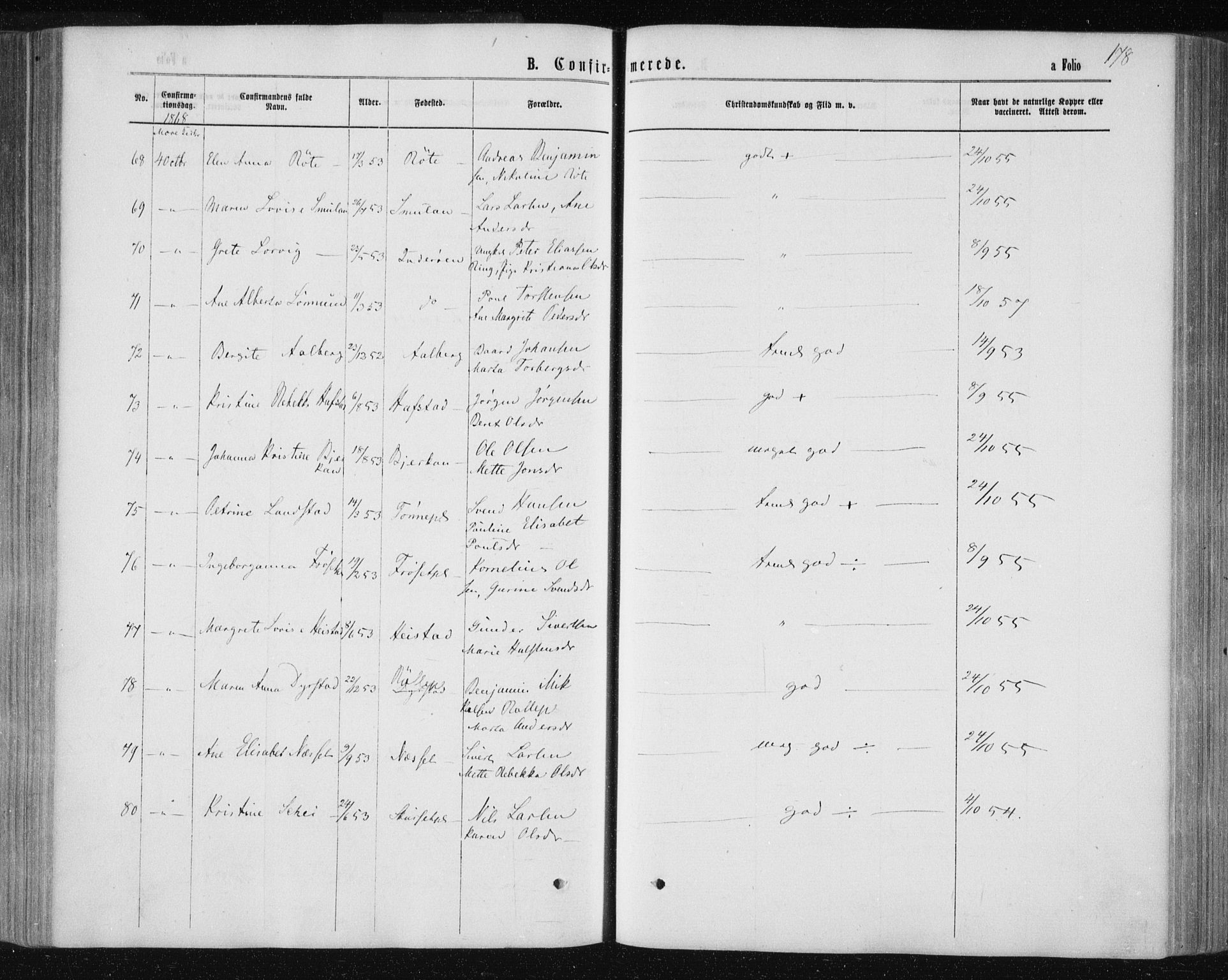 Ministerialprotokoller, klokkerbøker og fødselsregistre - Nord-Trøndelag, SAT/A-1458/735/L0345: Parish register (official) no. 735A08 /1, 1863-1872, p. 178