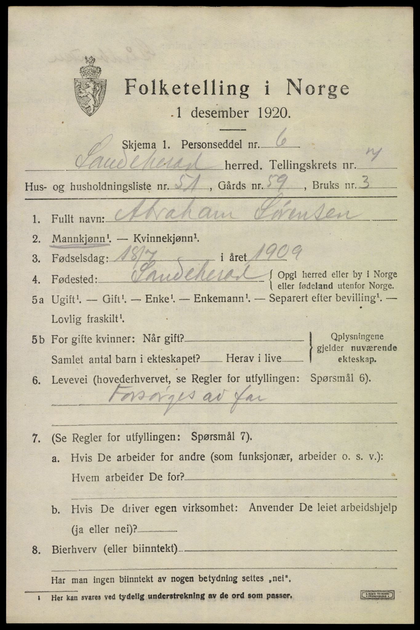 SAKO, 1920 census for Sandeherred, 1920, p. 12544