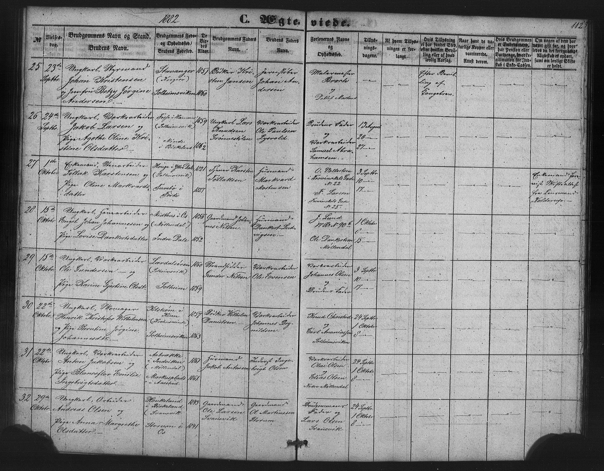 St. Jørgens hospital og Årstad sokneprestembete, AV/SAB-A-99934: Parish register (copy) no. A 7, 1854-1886, p. 112