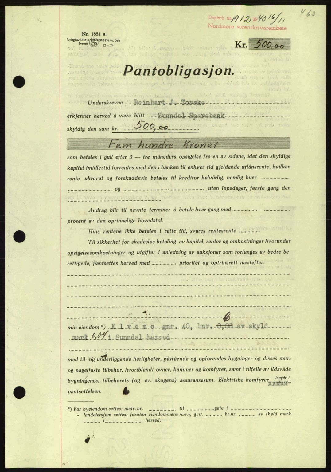 Nordmøre sorenskriveri, AV/SAT-A-4132/1/2/2Ca: Mortgage book no. B87, 1940-1941, Diary no: : 1912/1940