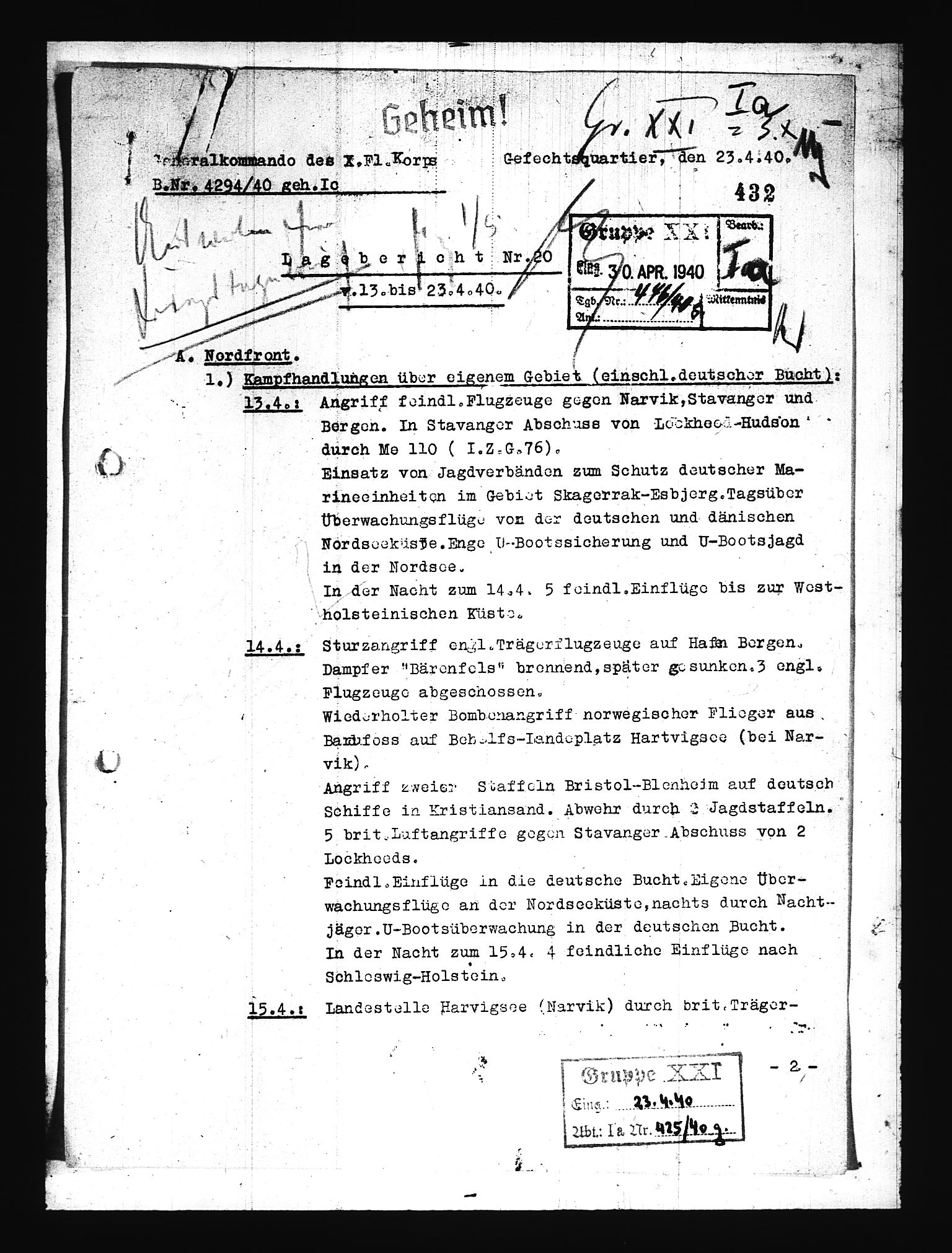 Documents Section, AV/RA-RAFA-2200/V/L0076: Amerikansk mikrofilm "Captured German Documents".
Box No. 715.  FKA jnr. 619/1954., 1940, p. 191