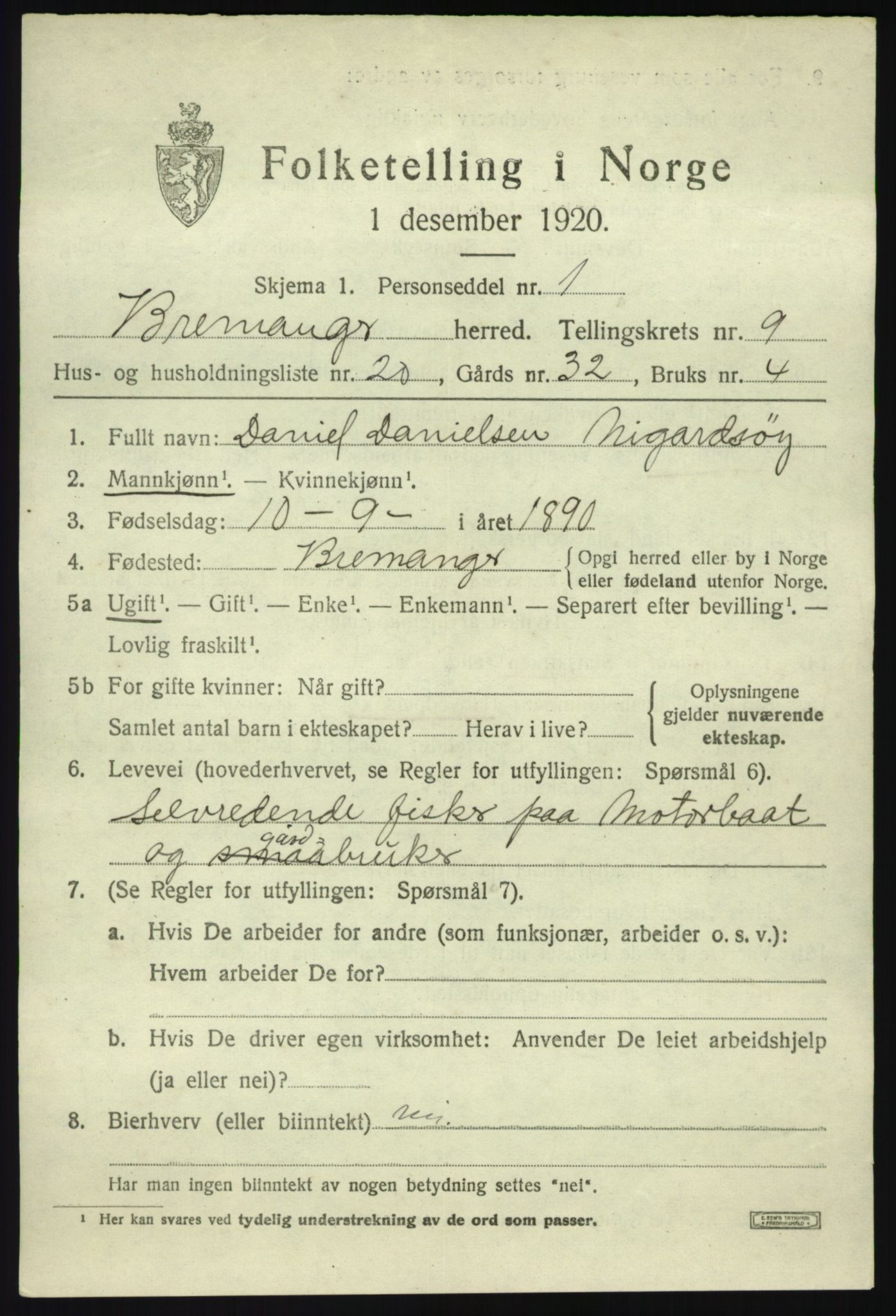 SAB, 1920 census for Bremanger, 1920, p. 5414