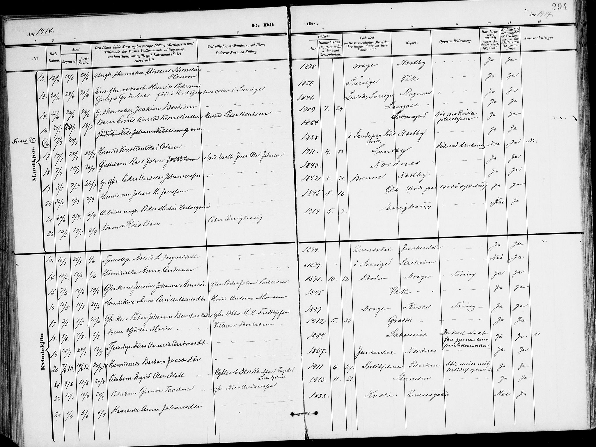 Ministerialprotokoller, klokkerbøker og fødselsregistre - Nordland, AV/SAT-A-1459/847/L0672: Parish register (official) no. 847A12, 1902-1919, p. 294