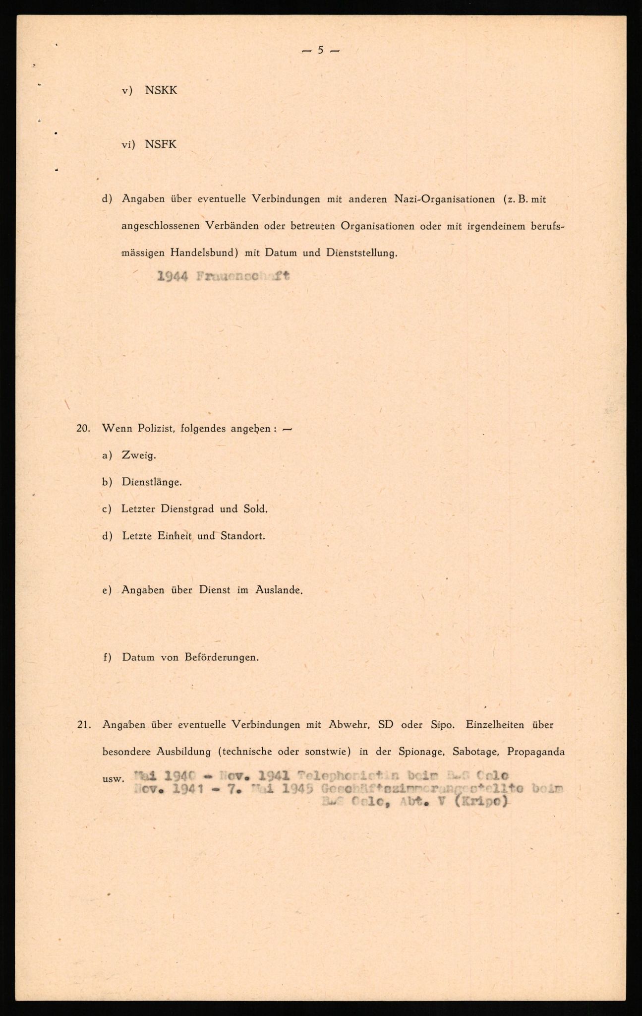 Forsvaret, Forsvarets overkommando II, RA/RAFA-3915/D/Db/L0023: CI Questionaires. Tyske okkupasjonsstyrker i Norge. Tyskere., 1945-1946, p. 223