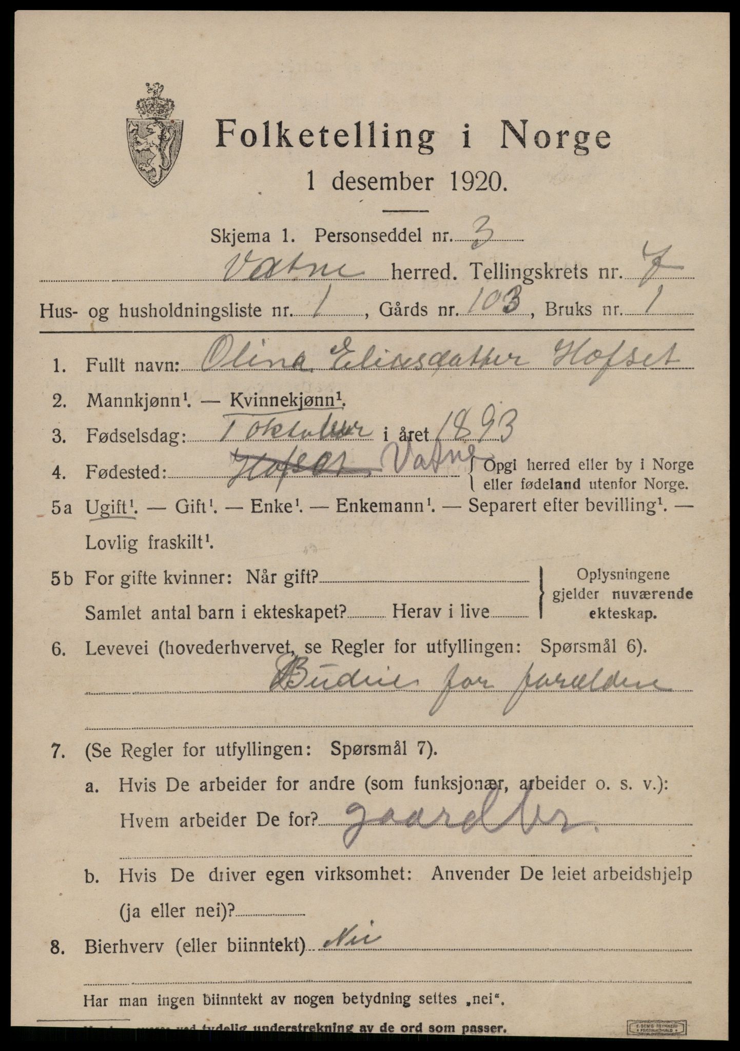 SAT, 1920 census for Vatne, 1920, p. 3128