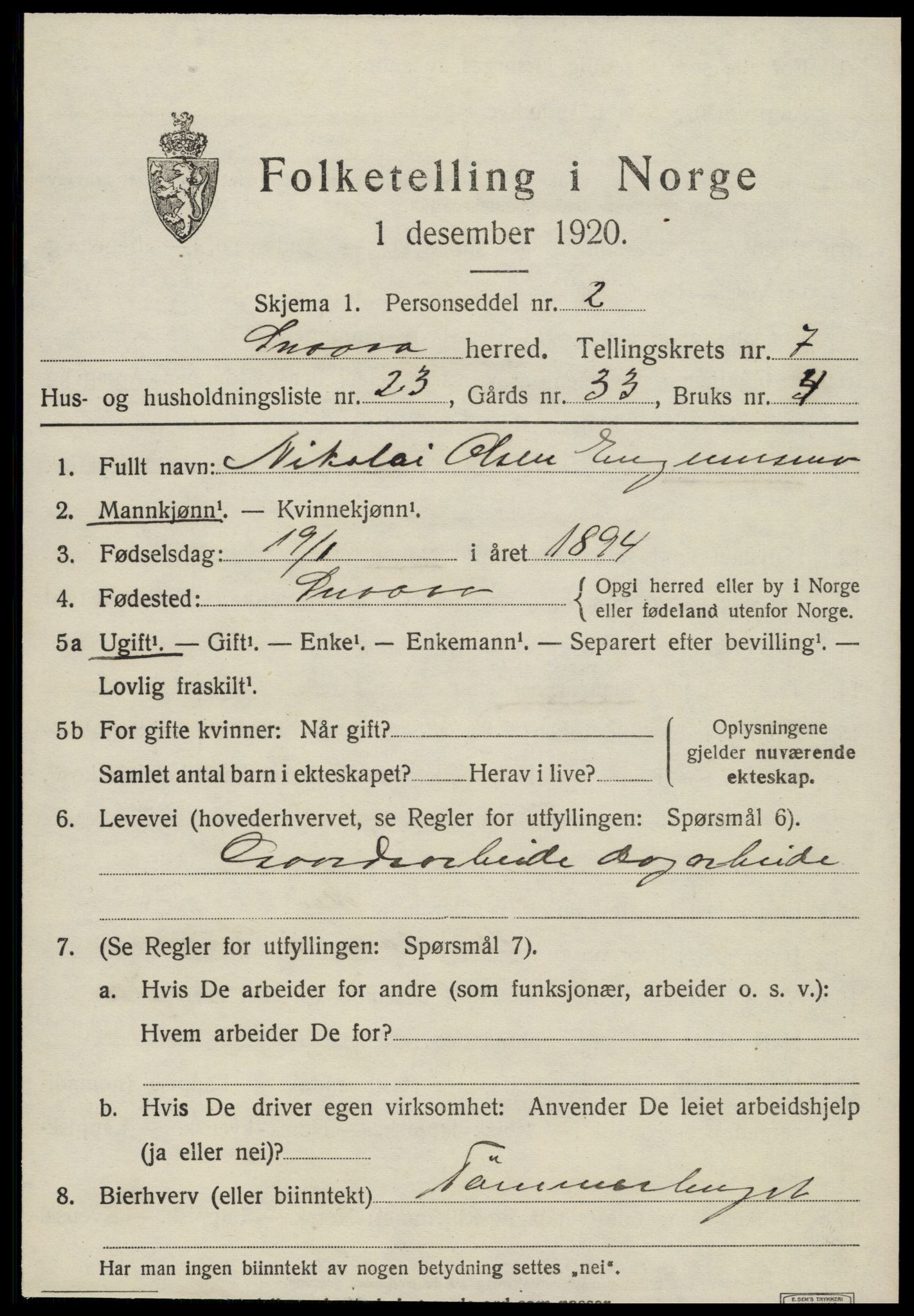 SAT, 1920 census for Snåsa, 1920, p. 3168