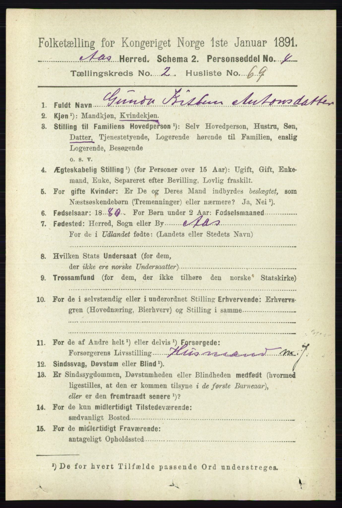 RA, 1891 census for 0214 Ås, 1891, p. 2019