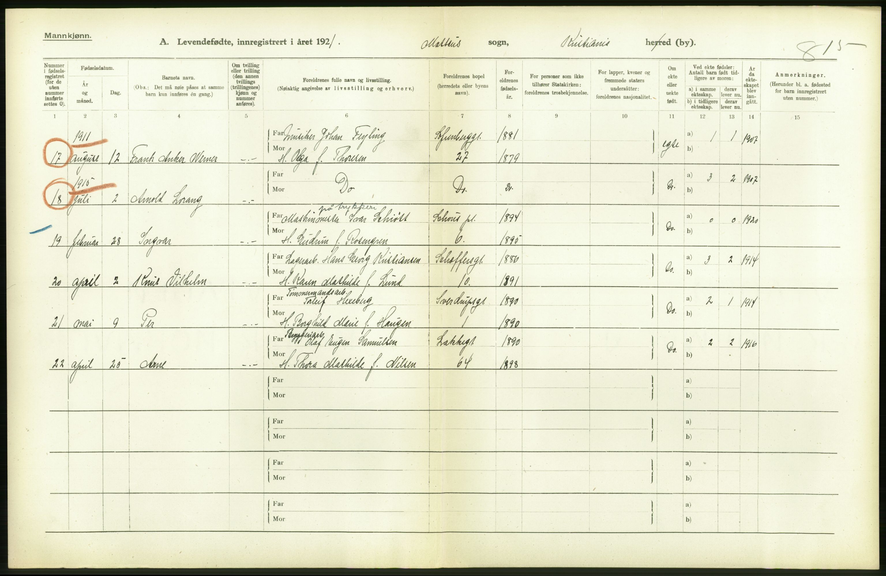 Statistisk sentralbyrå, Sosiodemografiske emner, Befolkning, AV/RA-S-2228/D/Df/Dfc/Dfca/L0008: Kristiania: Levendefødte menn og kvinner., 1921, p. 132