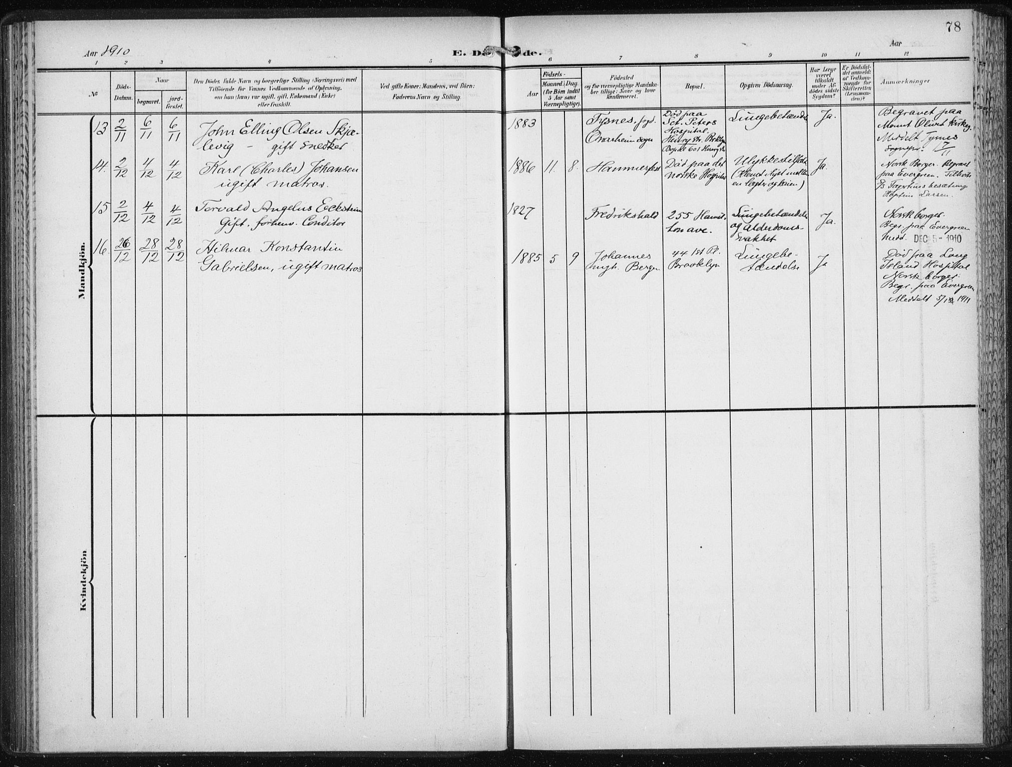 Den norske sjømannsmisjon i utlandet/New York, AV/SAB-SAB/PA-0110/H/Ha/L0006: Parish register (official) no. A 6, 1909-1914, p. 78