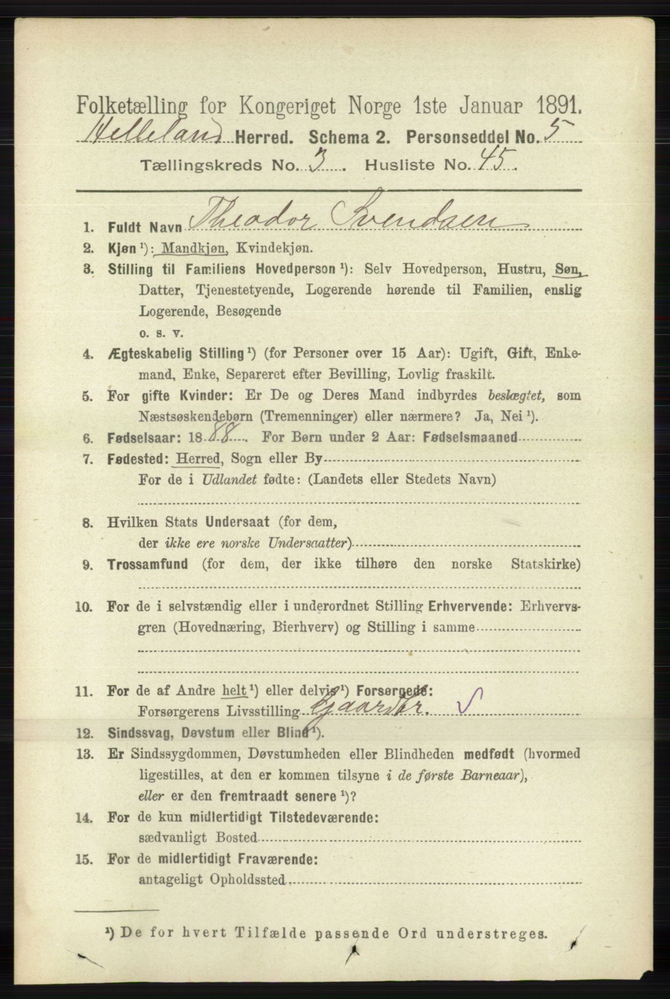 RA, 1891 census for 1115 Helleland, 1891, p. 1094