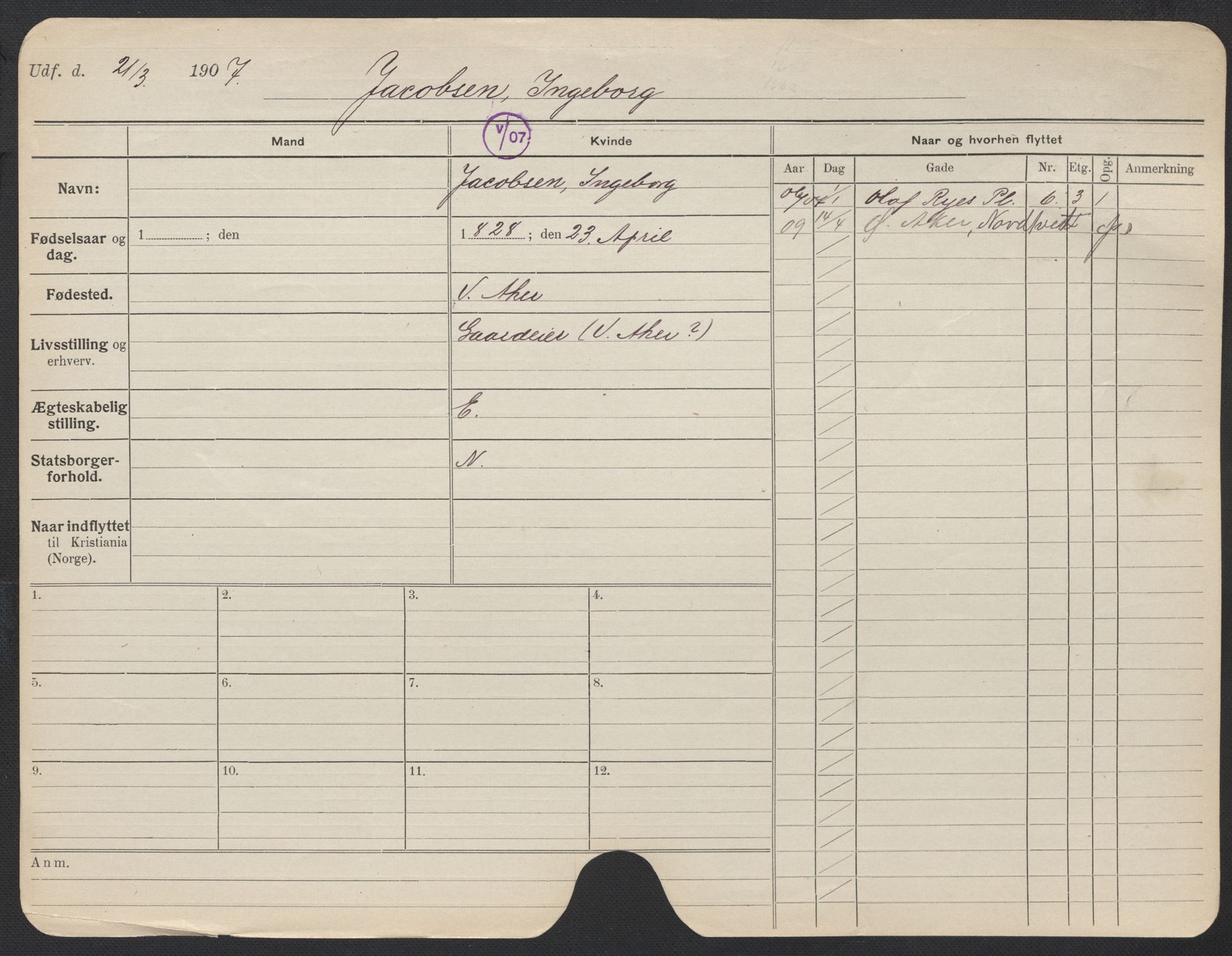 Oslo folkeregister, Registerkort, AV/SAO-A-11715/F/Fa/Fac/L0017: Kvinner, 1906-1914, p. 205a