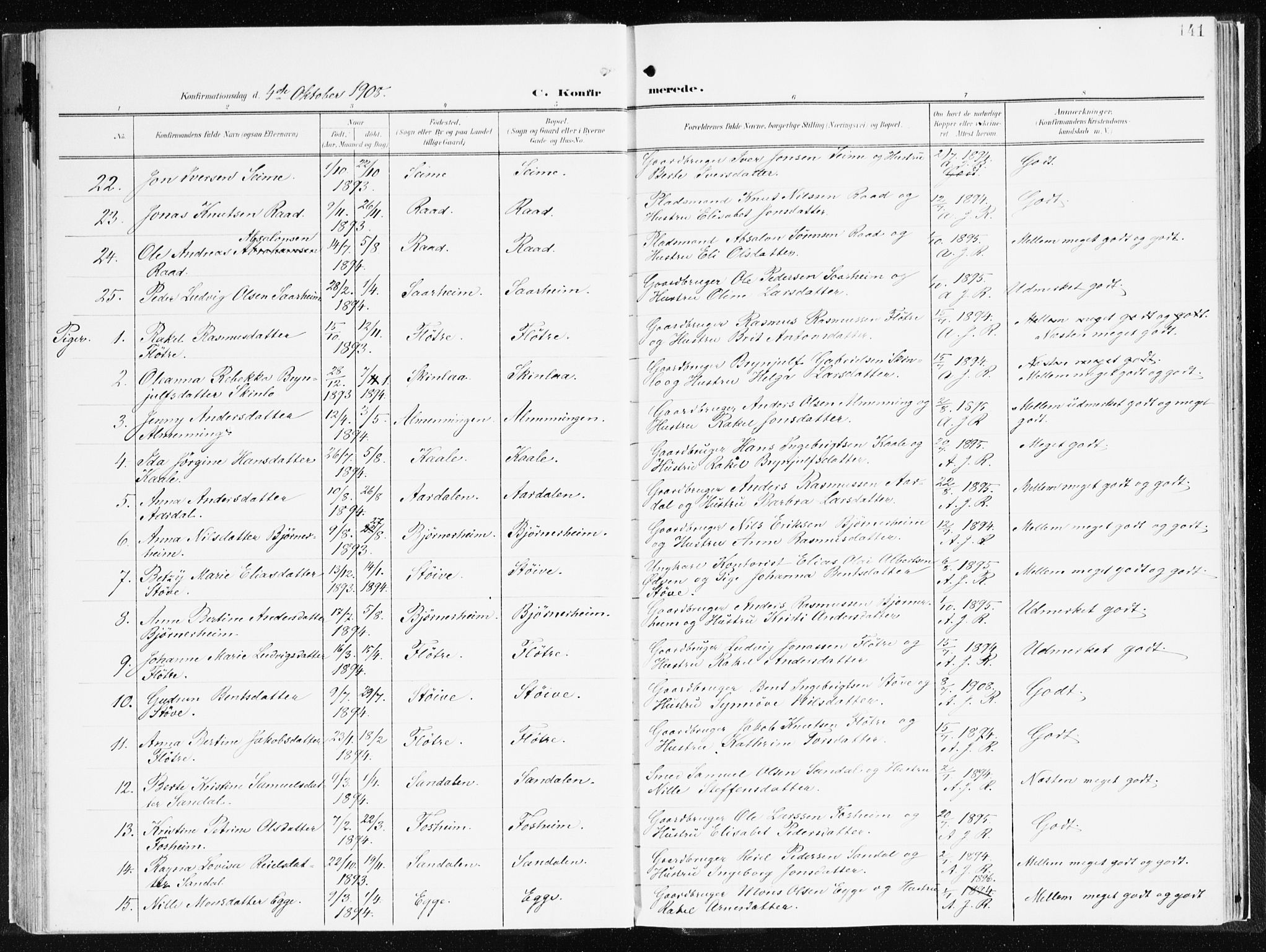 Gloppen sokneprestembete, AV/SAB-A-80101/H/Haa/Haac/L0003: Parish register (official) no. C 3, 1904-1921, p. 141