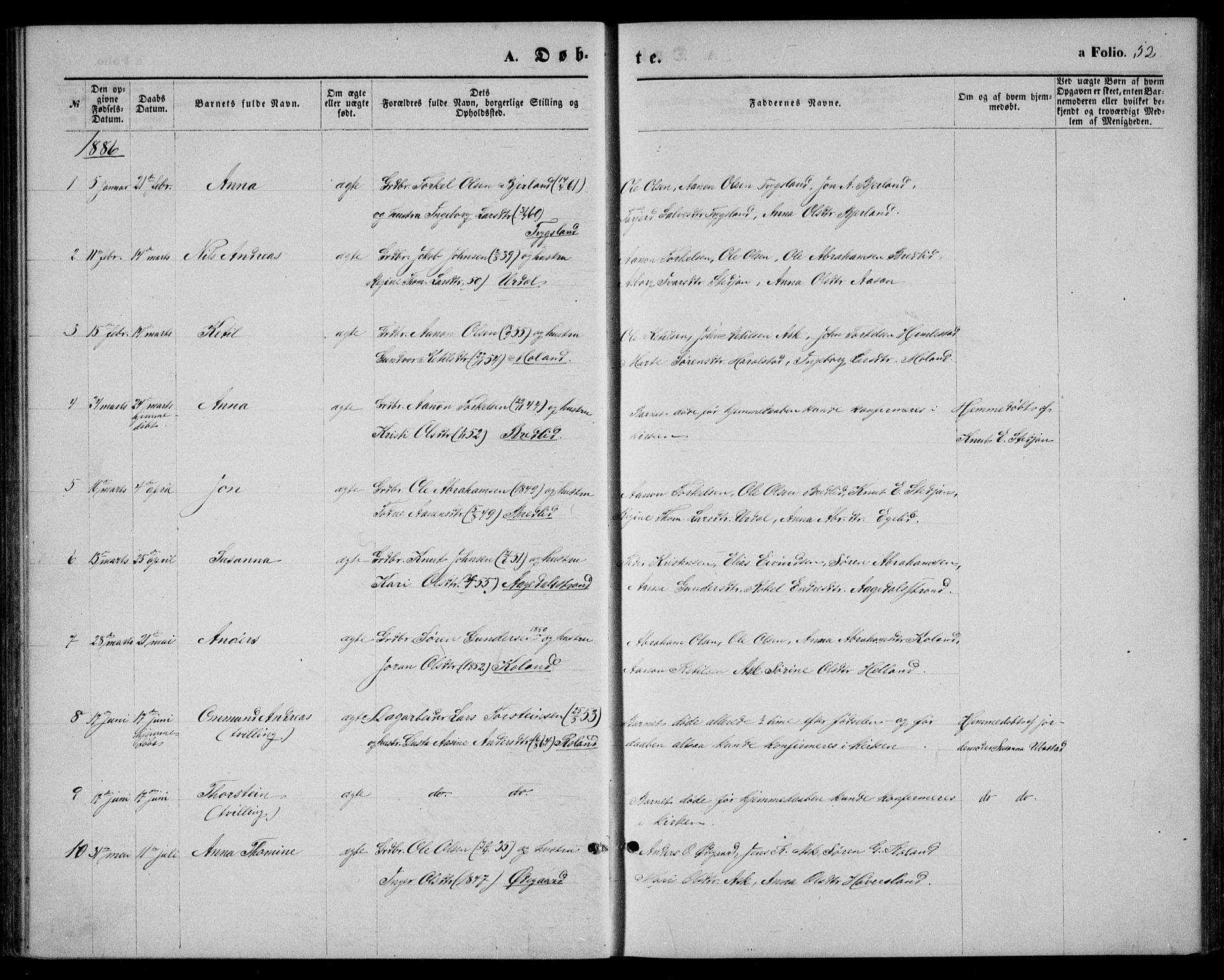 Bjelland sokneprestkontor, AV/SAK-1111-0005/F/Fb/Fba/L0004: Parish register (copy) no. B 4, 1869-1886, p. 52