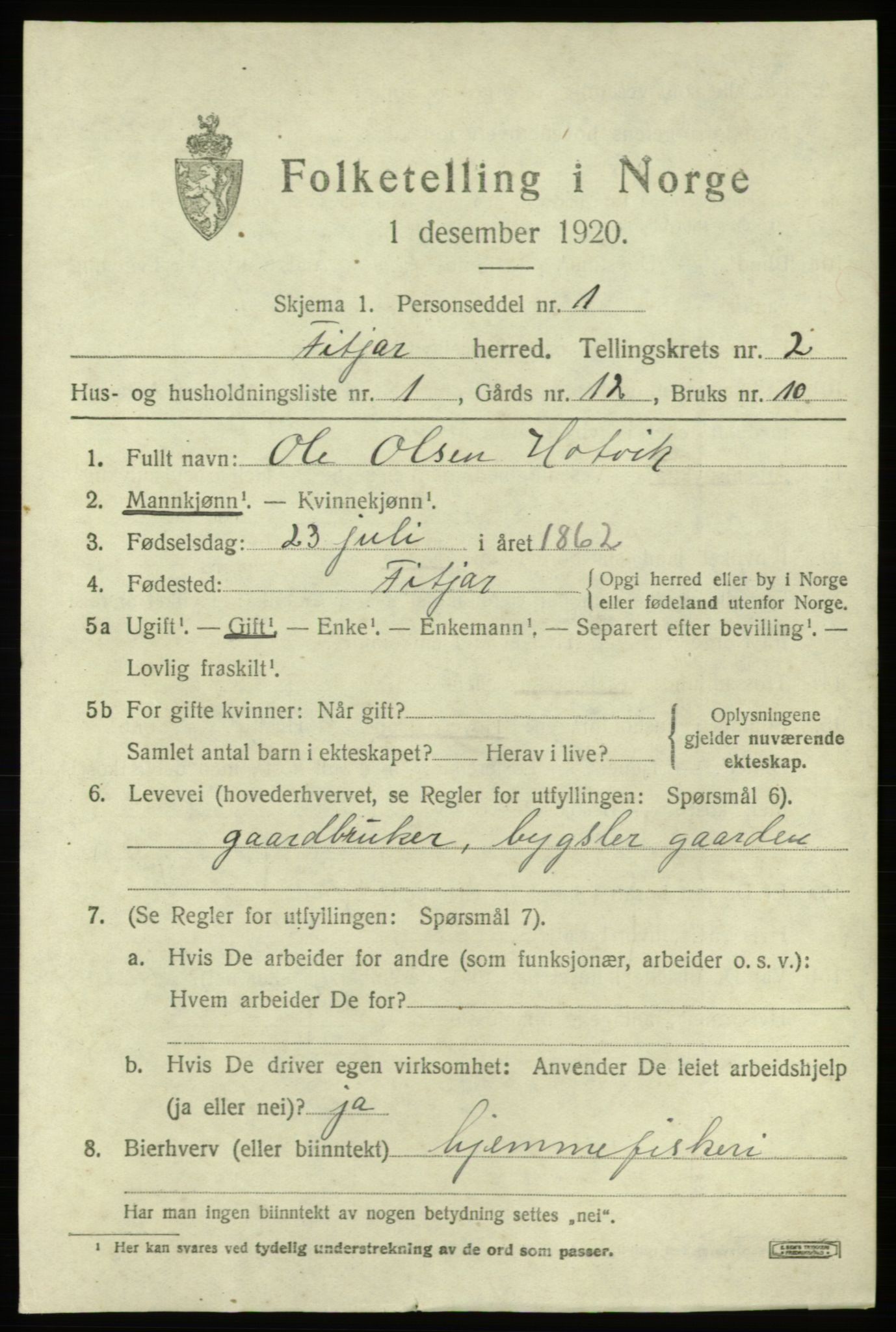 SAB, 1920 census for Fitjar, 1920, p. 1574
