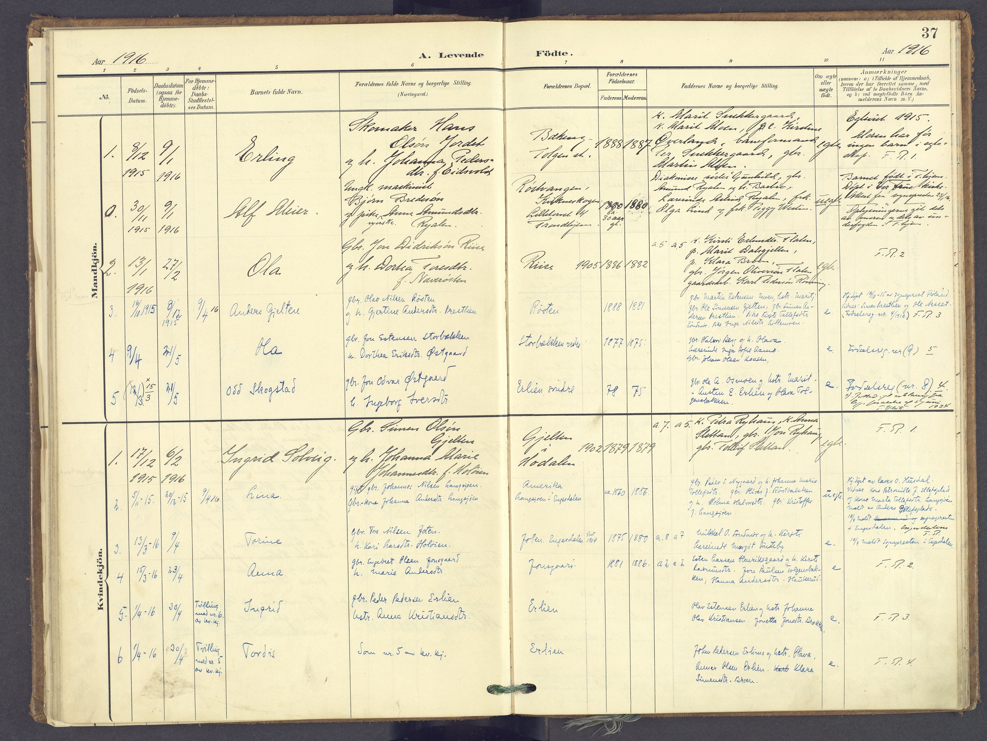 Tolga prestekontor, SAH/PREST-062/K/L0014: Parish register (official) no. 14, 1903-1929, p. 37