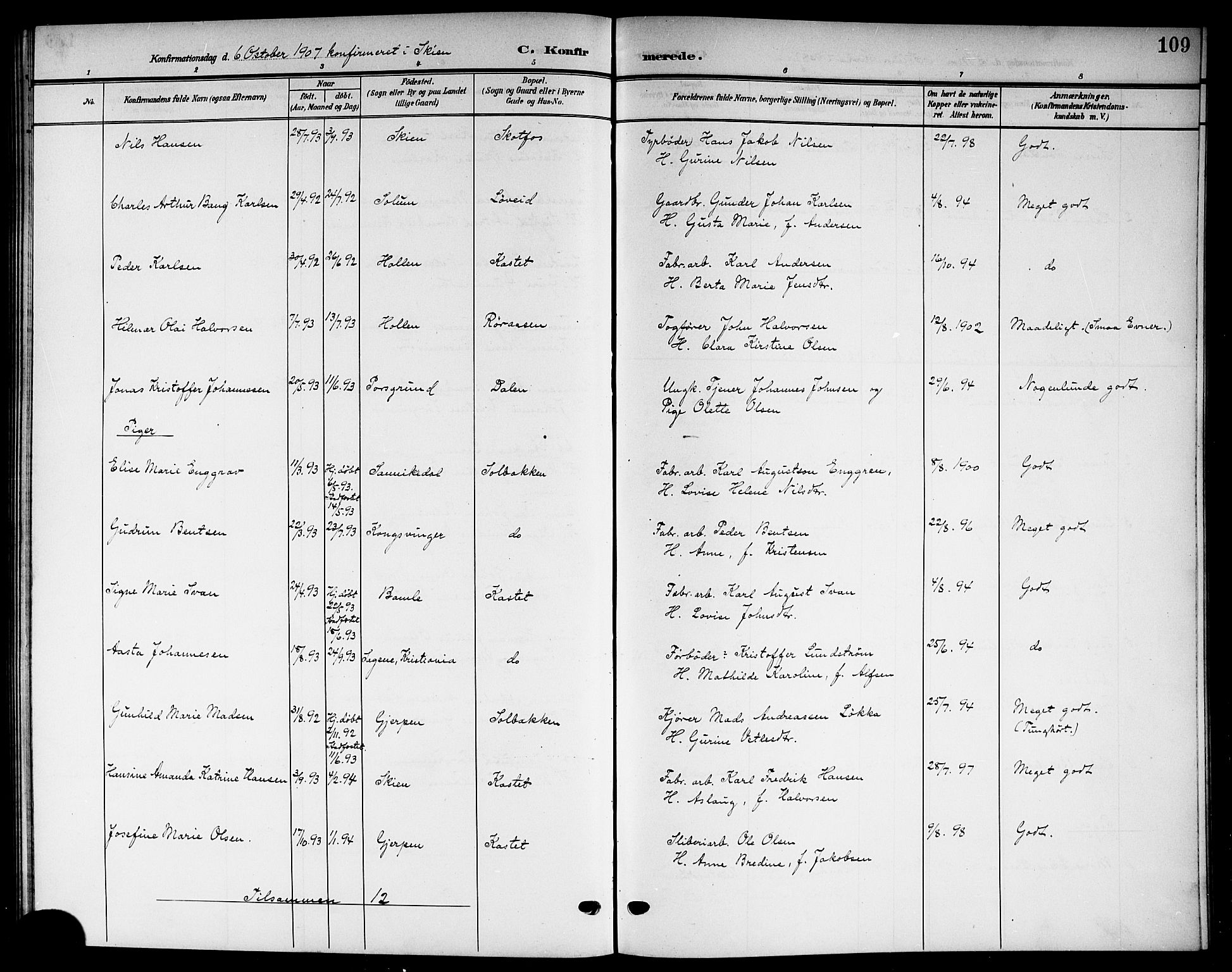Solum kirkebøker, SAKO/A-306/G/Gb/L0005: Parish register (copy) no. II 5, 1905-1914, p. 109
