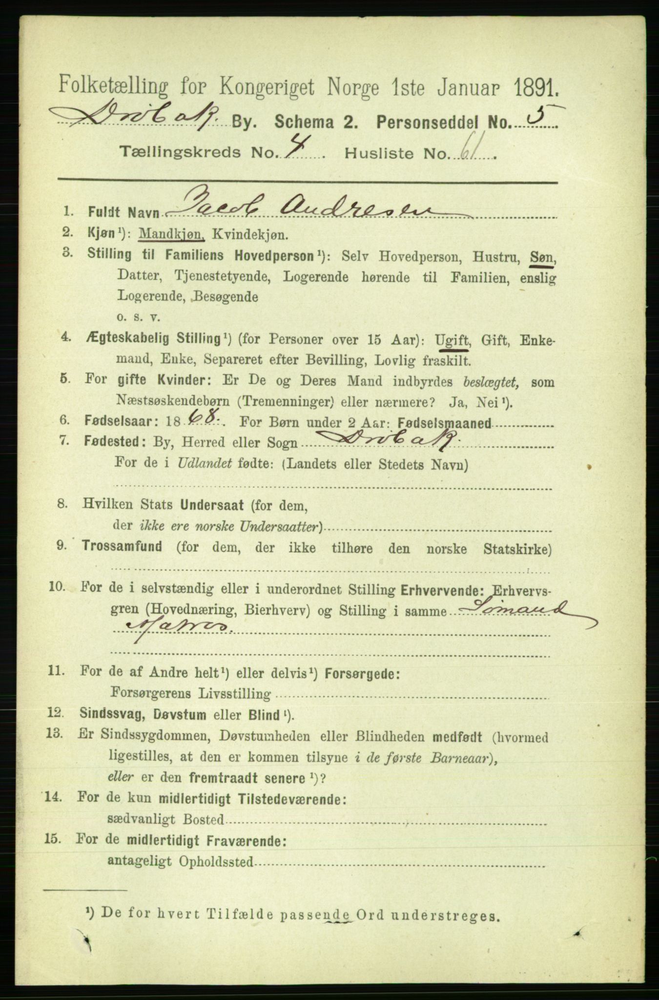 RA, 1891 census for 0203 Drøbak, 1891, p. 2911