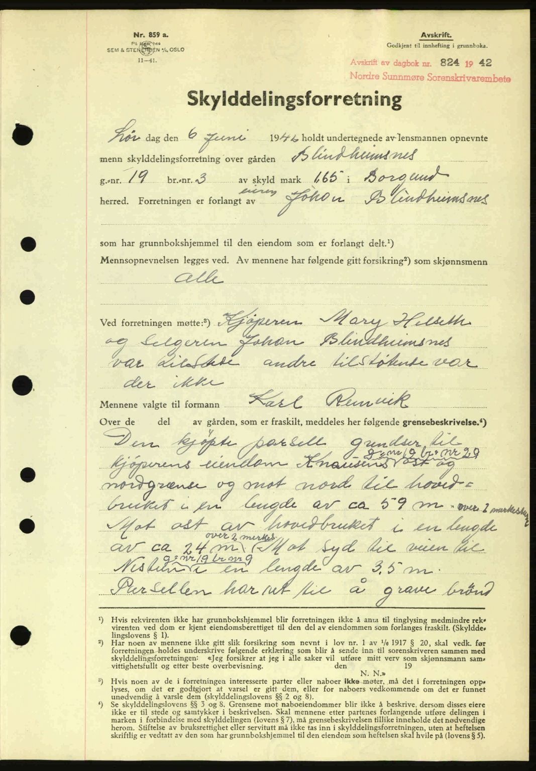 Nordre Sunnmøre sorenskriveri, AV/SAT-A-0006/1/2/2C/2Ca: Mortgage book no. A13, 1942-1942, Diary no: : 824/1942