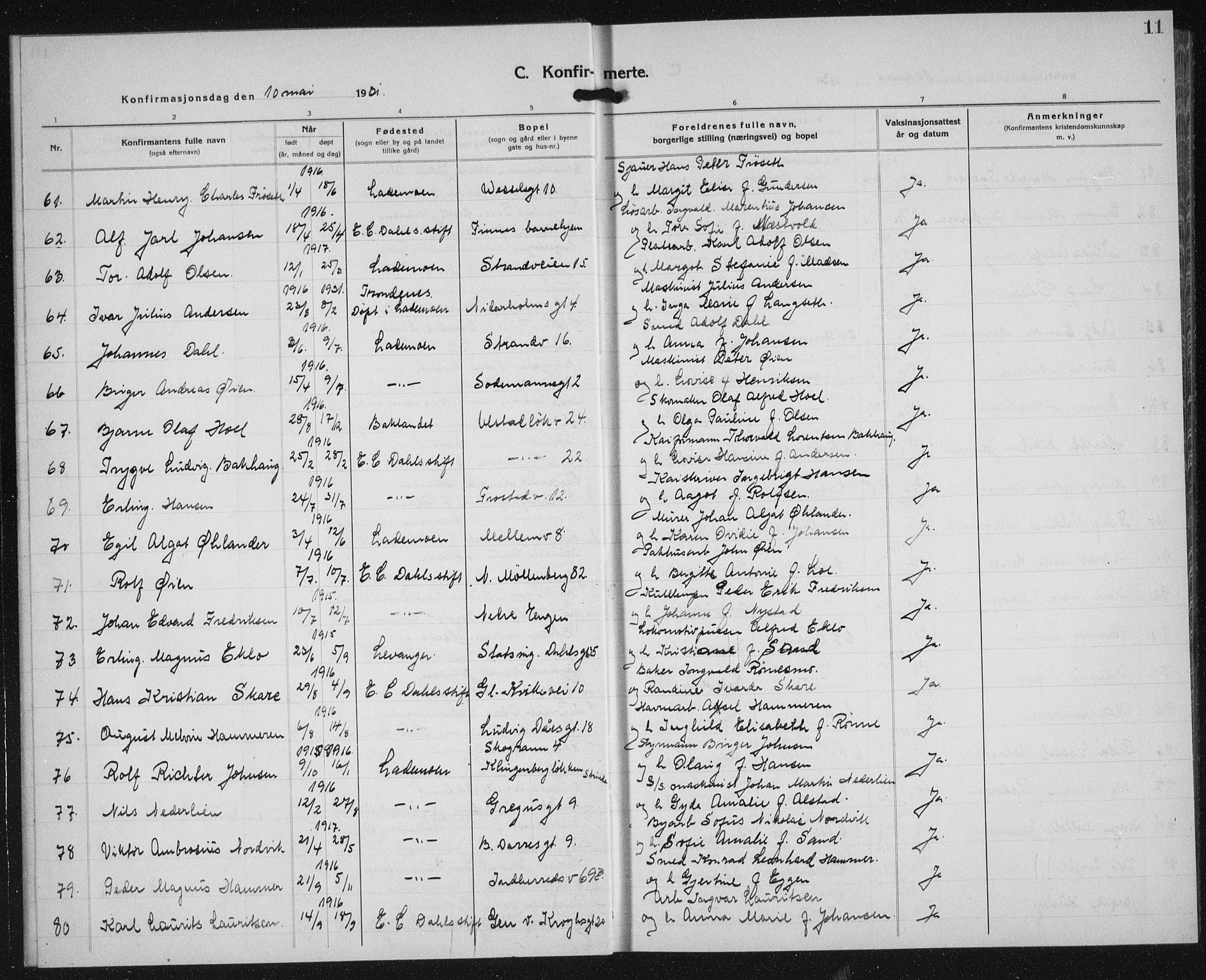 Ministerialprotokoller, klokkerbøker og fødselsregistre - Sør-Trøndelag, SAT/A-1456/605/L0262: Parish register (copy) no. 605C09, 1930-1933, p. 11