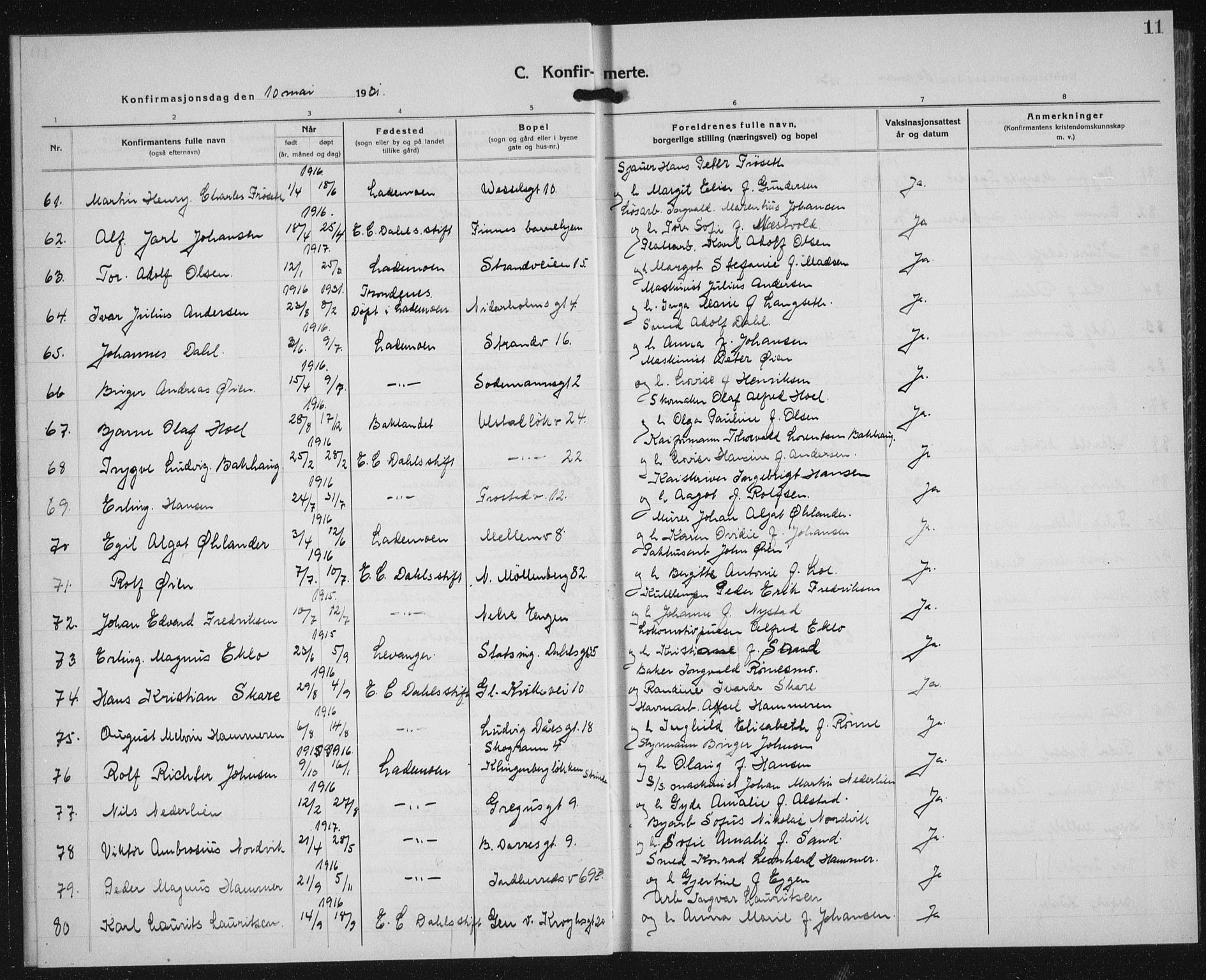 Ministerialprotokoller, klokkerbøker og fødselsregistre - Sør-Trøndelag, AV/SAT-A-1456/605/L0262: Parish register (copy) no. 605C09, 1930-1933, p. 11