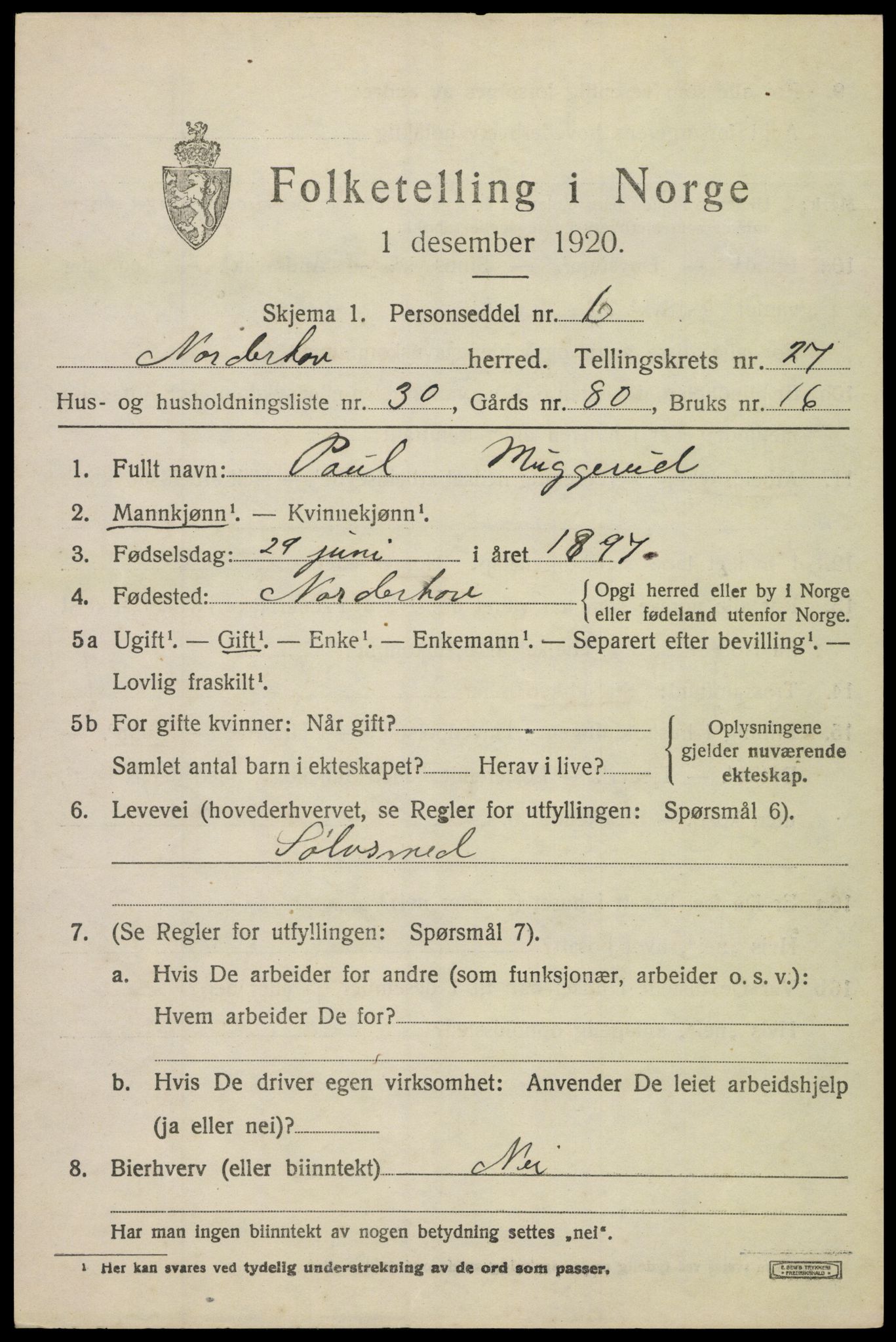 SAKO, 1920 census for Norderhov, 1920, p. 24808