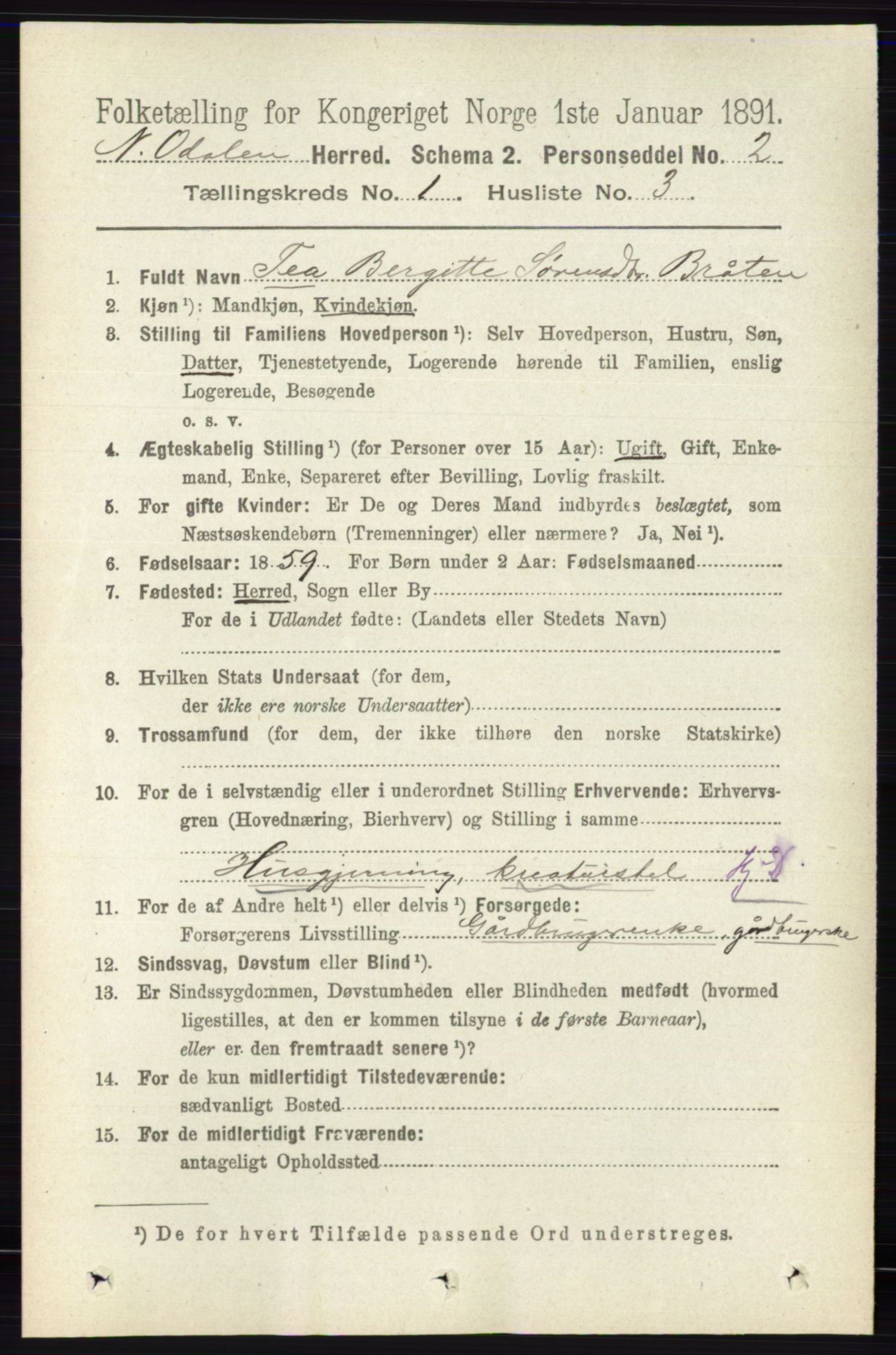 RA, 1891 census for 0418 Nord-Odal, 1891, p. 95