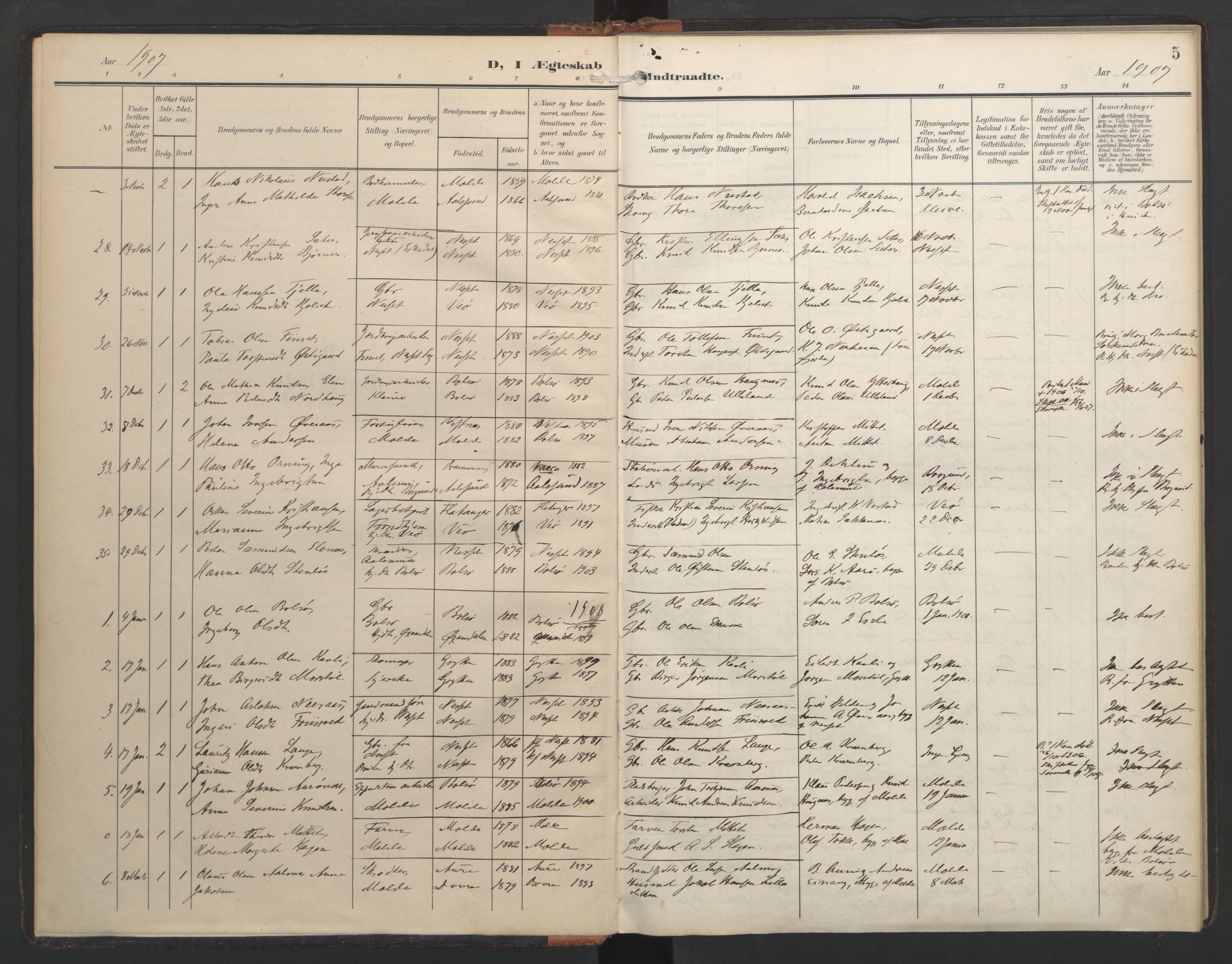 Ministerialprotokoller, klokkerbøker og fødselsregistre - Møre og Romsdal, SAT/A-1454/558/L0694: Parish register (official) no. 558A08, 1907-1922, p. 5