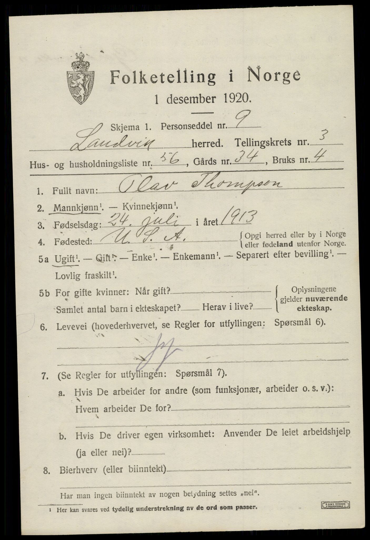SAK, 1920 census for Landvik, 1920, p. 3448