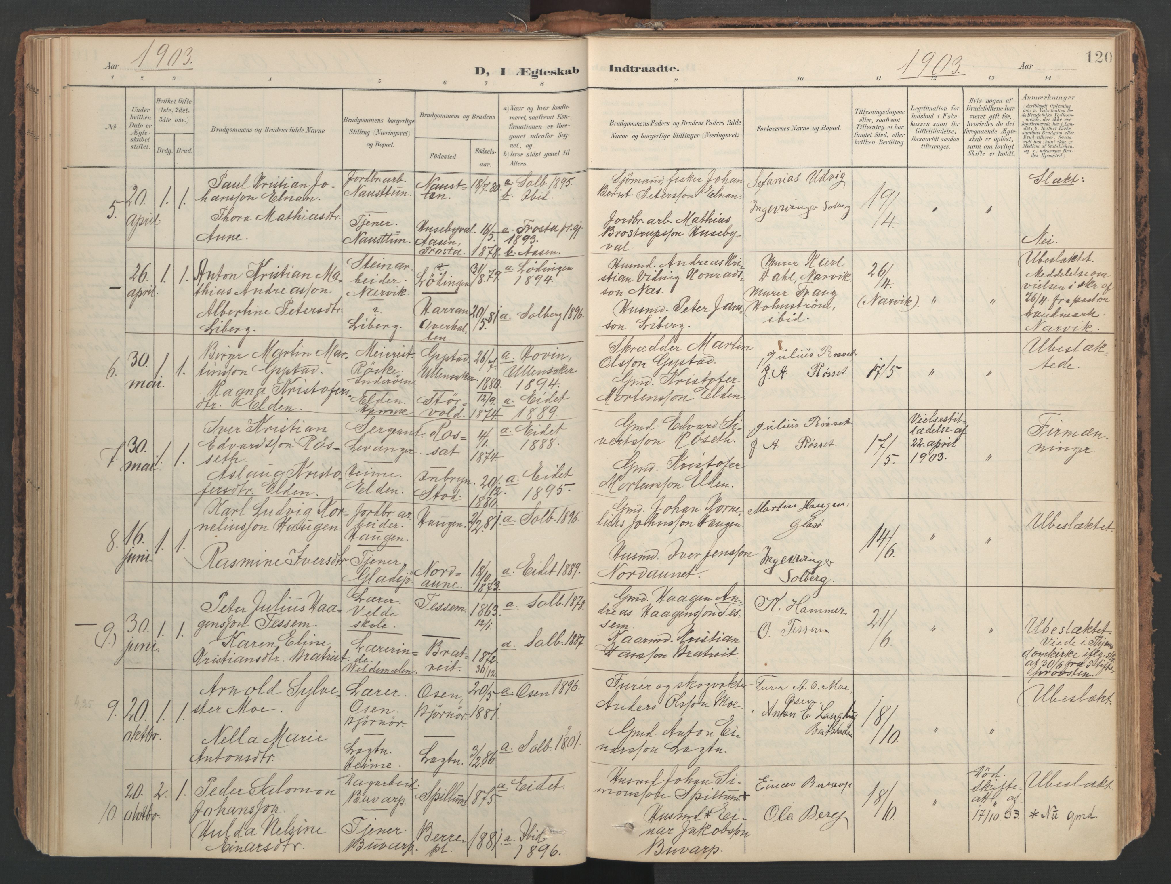 Ministerialprotokoller, klokkerbøker og fødselsregistre - Nord-Trøndelag, AV/SAT-A-1458/741/L0397: Parish register (official) no. 741A11, 1901-1911, p. 120