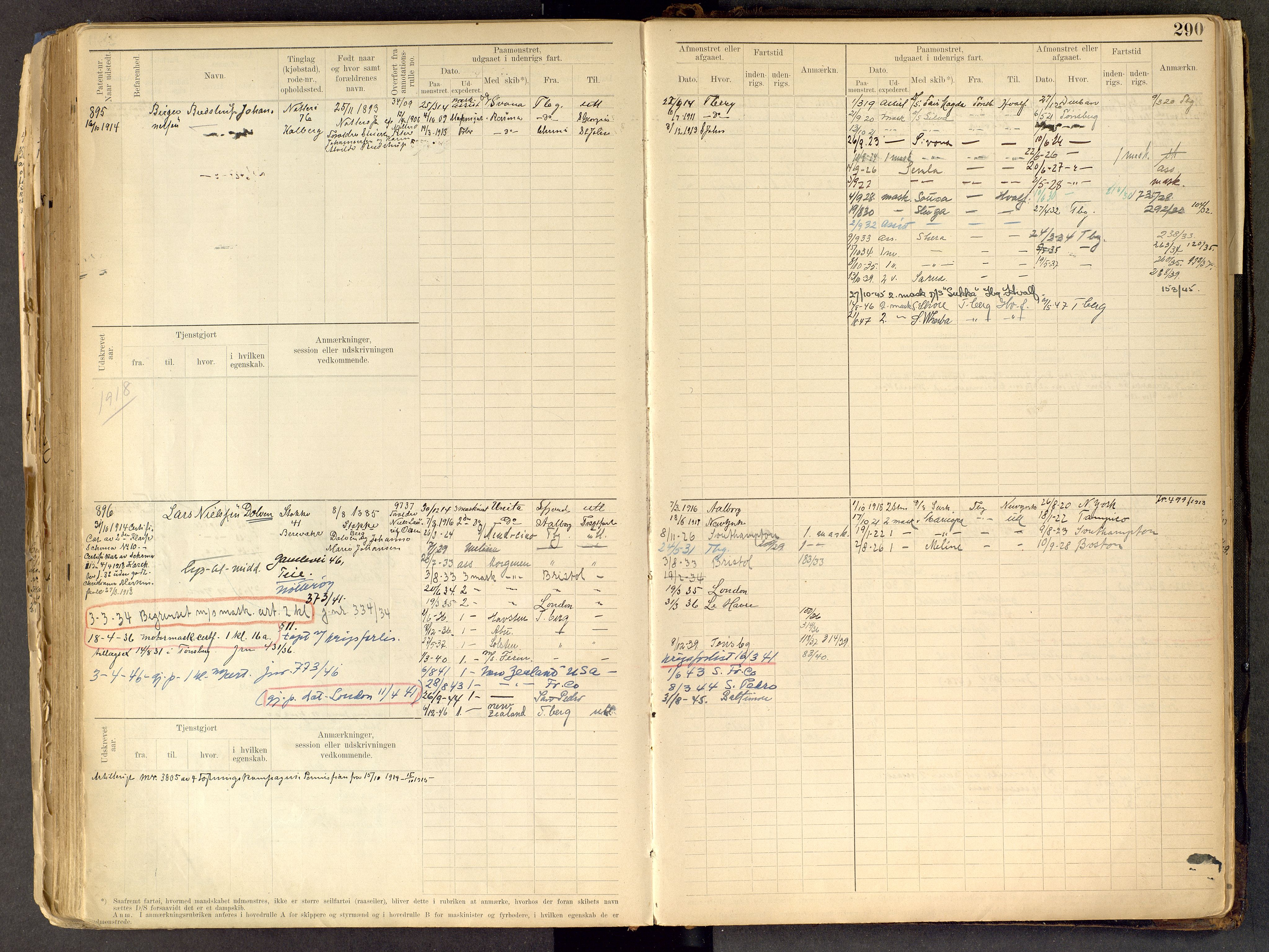 Tønsberg innrulleringskontor, AV/SAKO-A-786/F/Fe/L0002: Maskinist- og fyrbøterrulle Patent nr. 315-1110, 1902-1924, p. 290