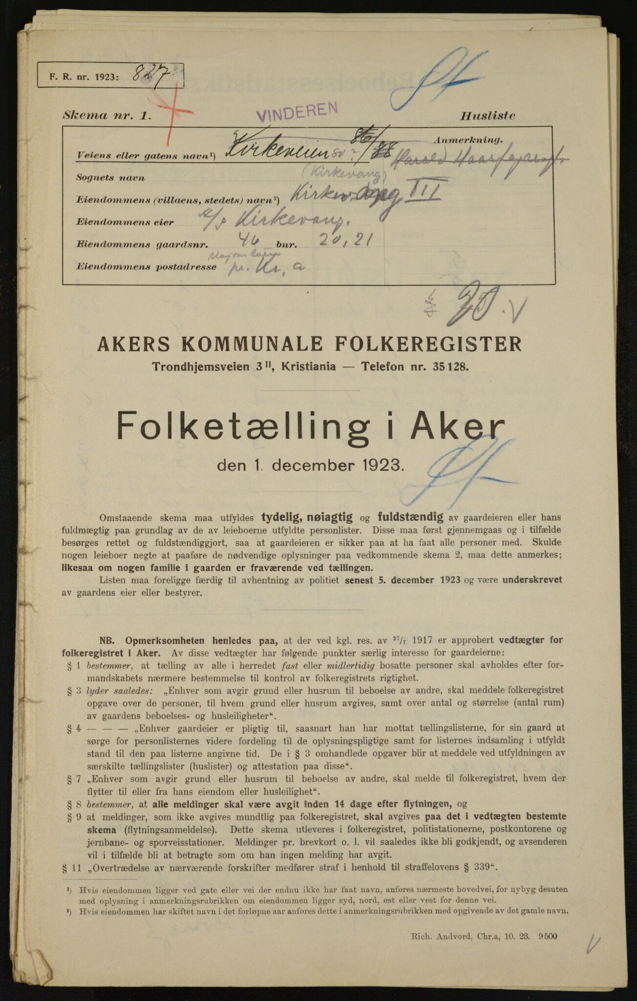 , Municipal Census 1923 for Aker, 1923, p. 12459