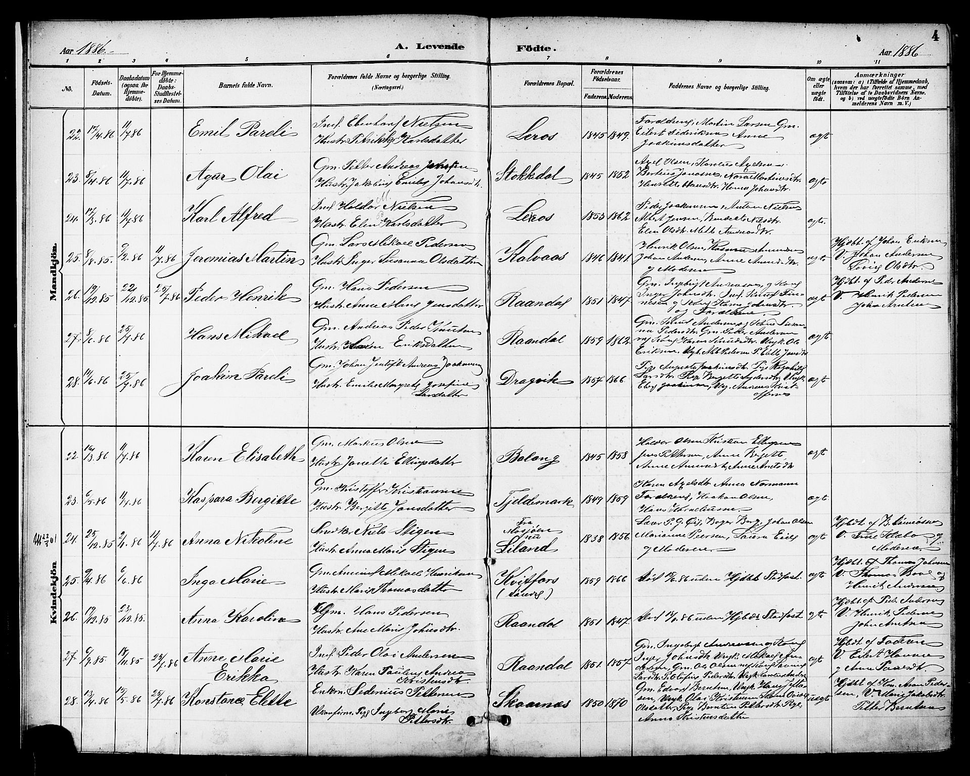 Ministerialprotokoller, klokkerbøker og fødselsregistre - Nordland, AV/SAT-A-1459/863/L0898: Parish register (official) no. 863A10, 1886-1897, p. 4