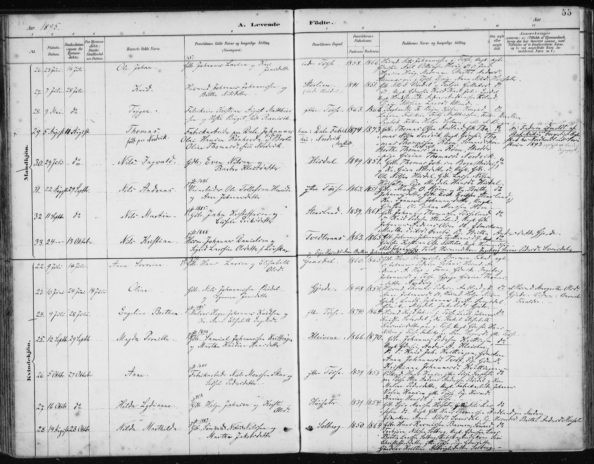 Samnanger Sokneprestembete, AV/SAB-A-77501/H/Haa: Parish register (official) no. A 1, 1885-1901, p. 55