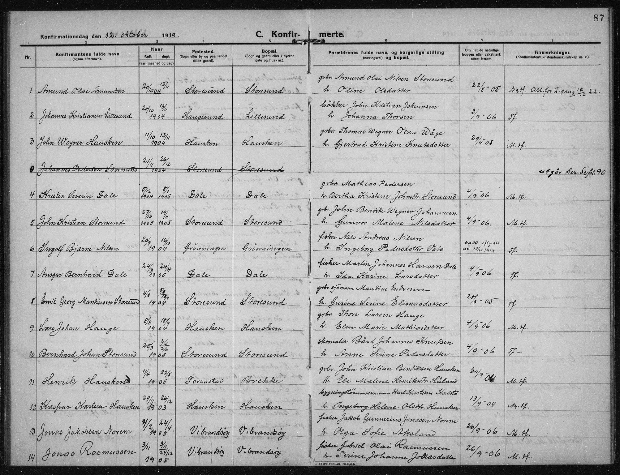 Torvastad sokneprestkontor, AV/SAST-A -101857/H/Ha/Haa/L0019: Parish register (official) no. A 18, 1912-1920, p. 87