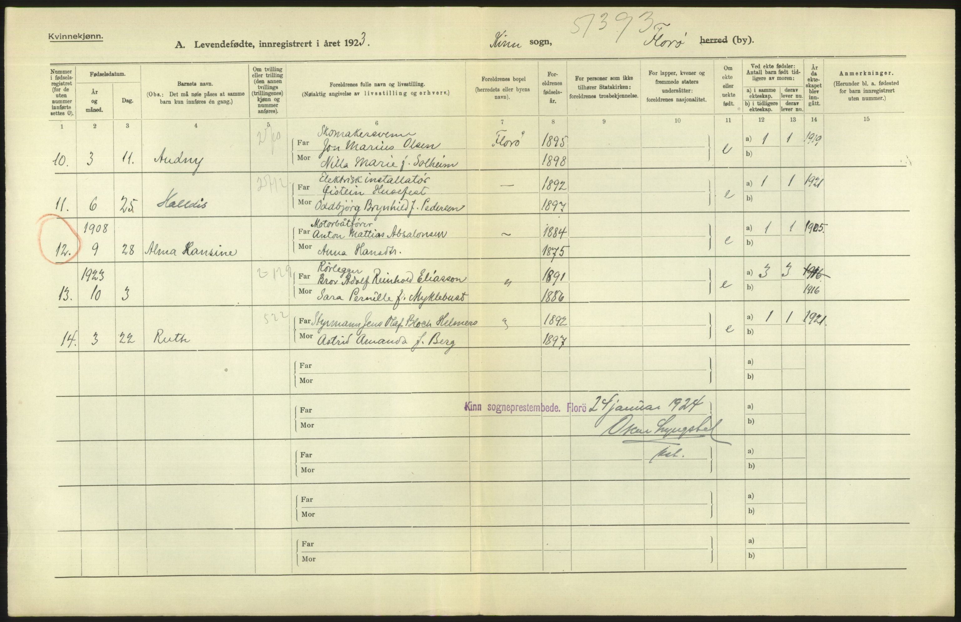 Statistisk sentralbyrå, Sosiodemografiske emner, Befolkning, RA/S-2228/D/Df/Dfc/Dfcc/L0032: Florø by: Levendefødte menn og kvinner, gifte, døde, dødfødte., 1923, p. 24