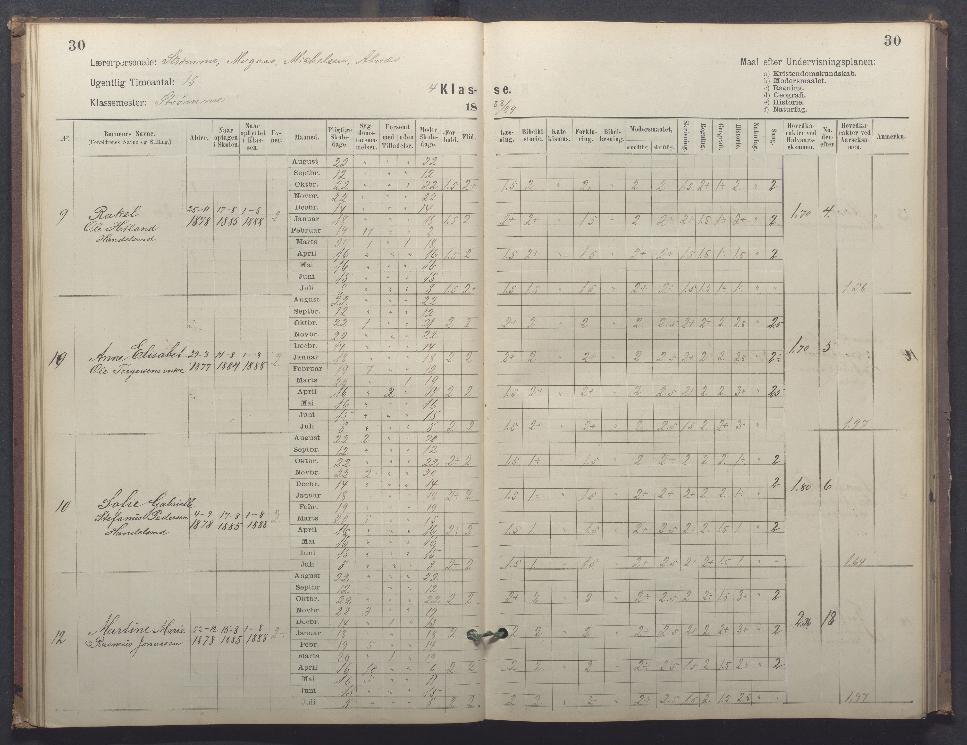 Egersund kommune (Ladested) - Egersund almueskole/folkeskole, IKAR/K-100521/H/L0025: Skoleprotokoll - Almueskolen, 4. klasse, 1887-1892, p. 30