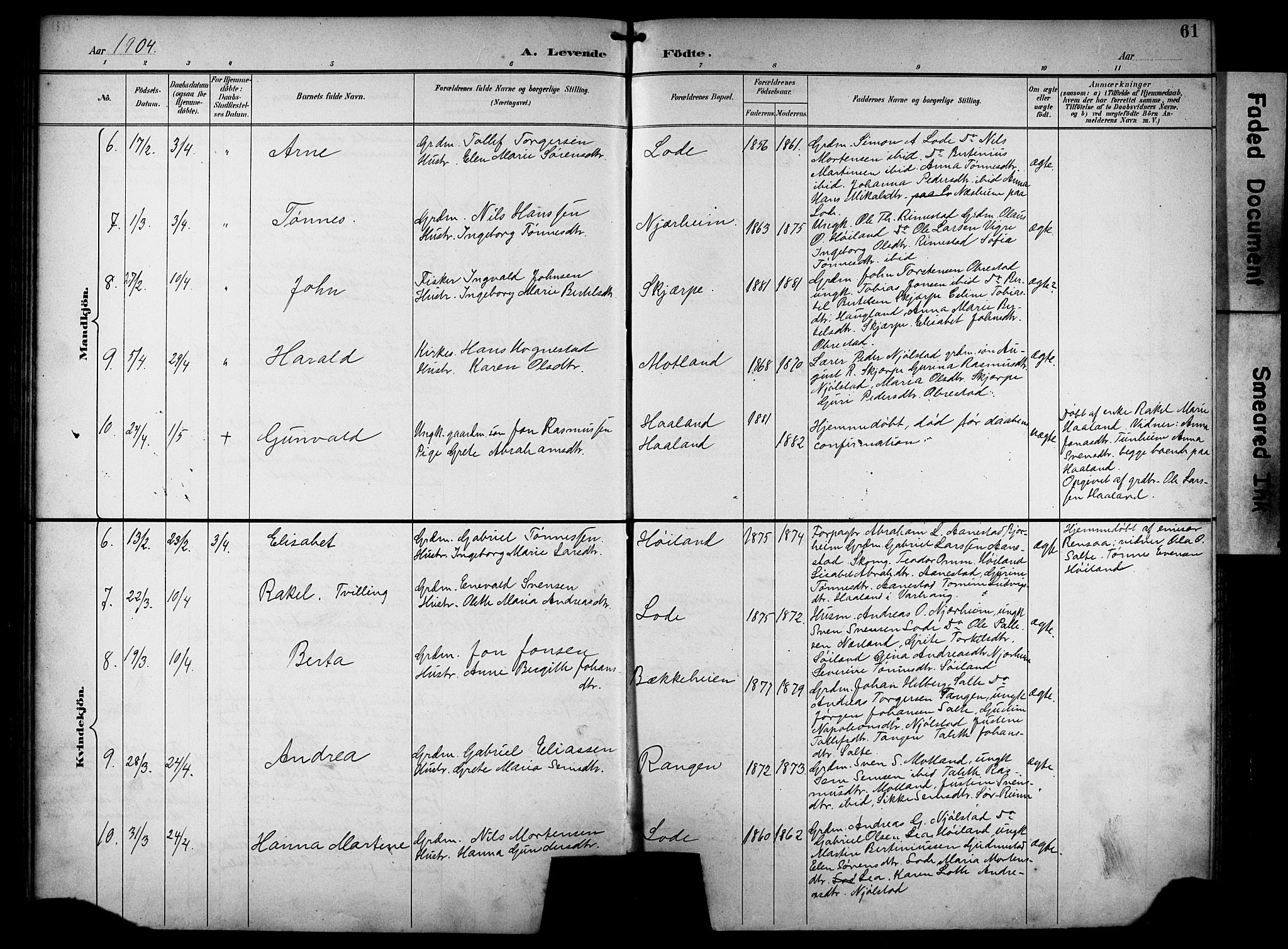 Hå sokneprestkontor, AV/SAST-A-101801/001/30BB/L0005: Parish register (copy) no. B 5, 1894-1912, p. 61
