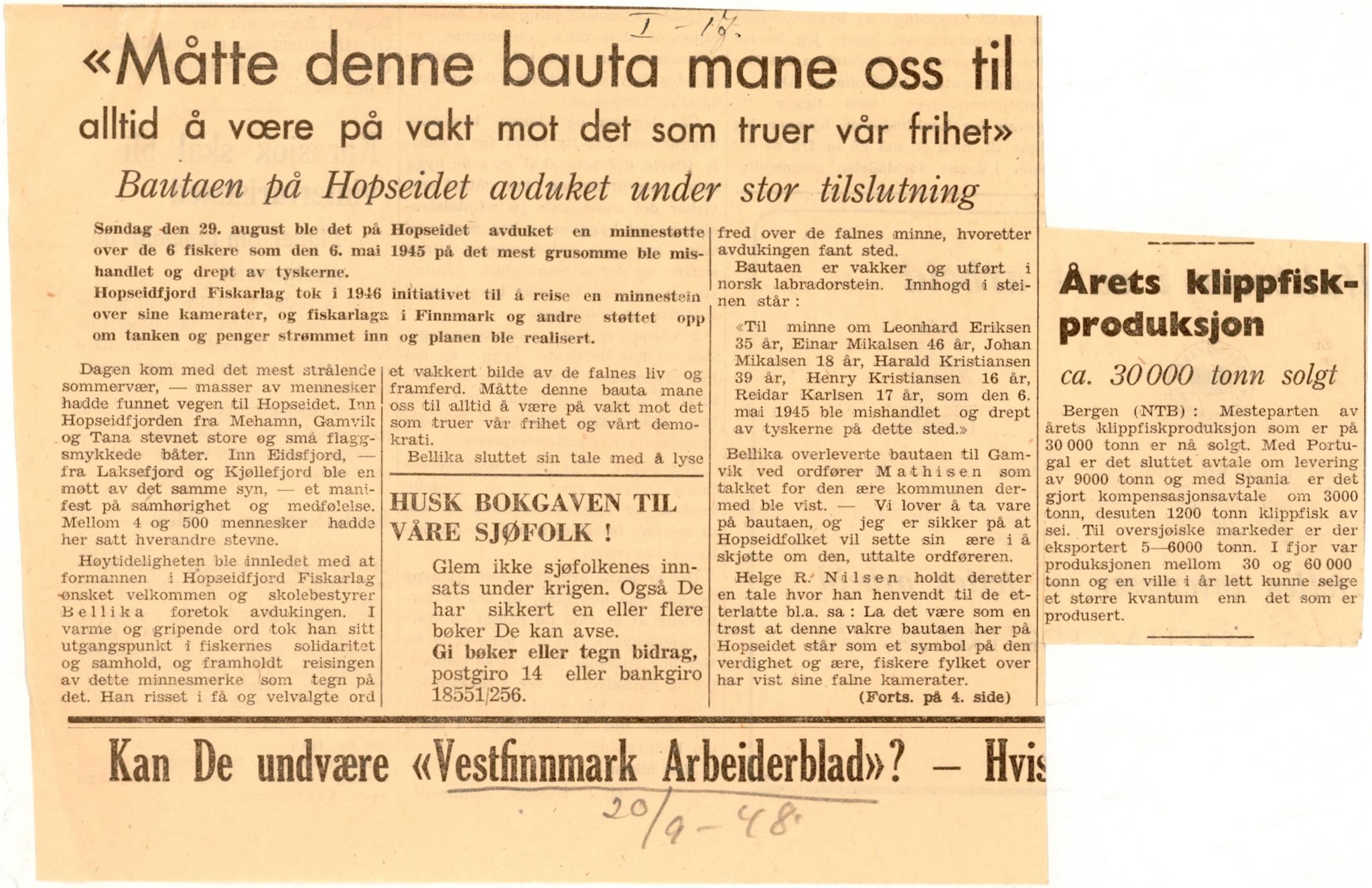 Finnmarkskontorets presse- og opplysningsarkiv , FMFB/A-1198/E/L0003/0017: I Nord-Troms og Finnmark - generelt  / Krigen i Nord-Norge og beretninger om samme, 1946-1948