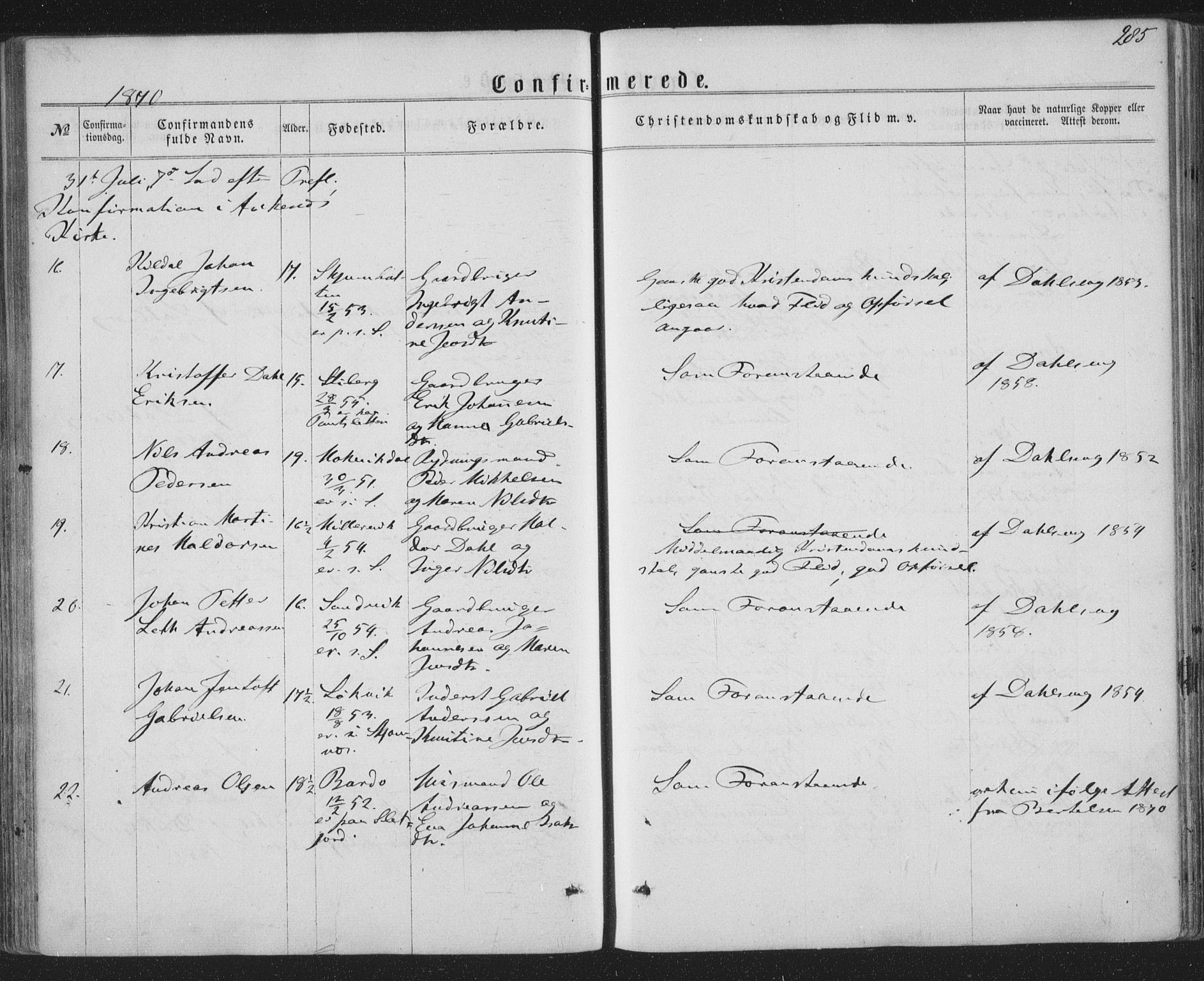 Ministerialprotokoller, klokkerbøker og fødselsregistre - Nordland, AV/SAT-A-1459/863/L0896: Parish register (official) no. 863A08, 1861-1871, p. 285