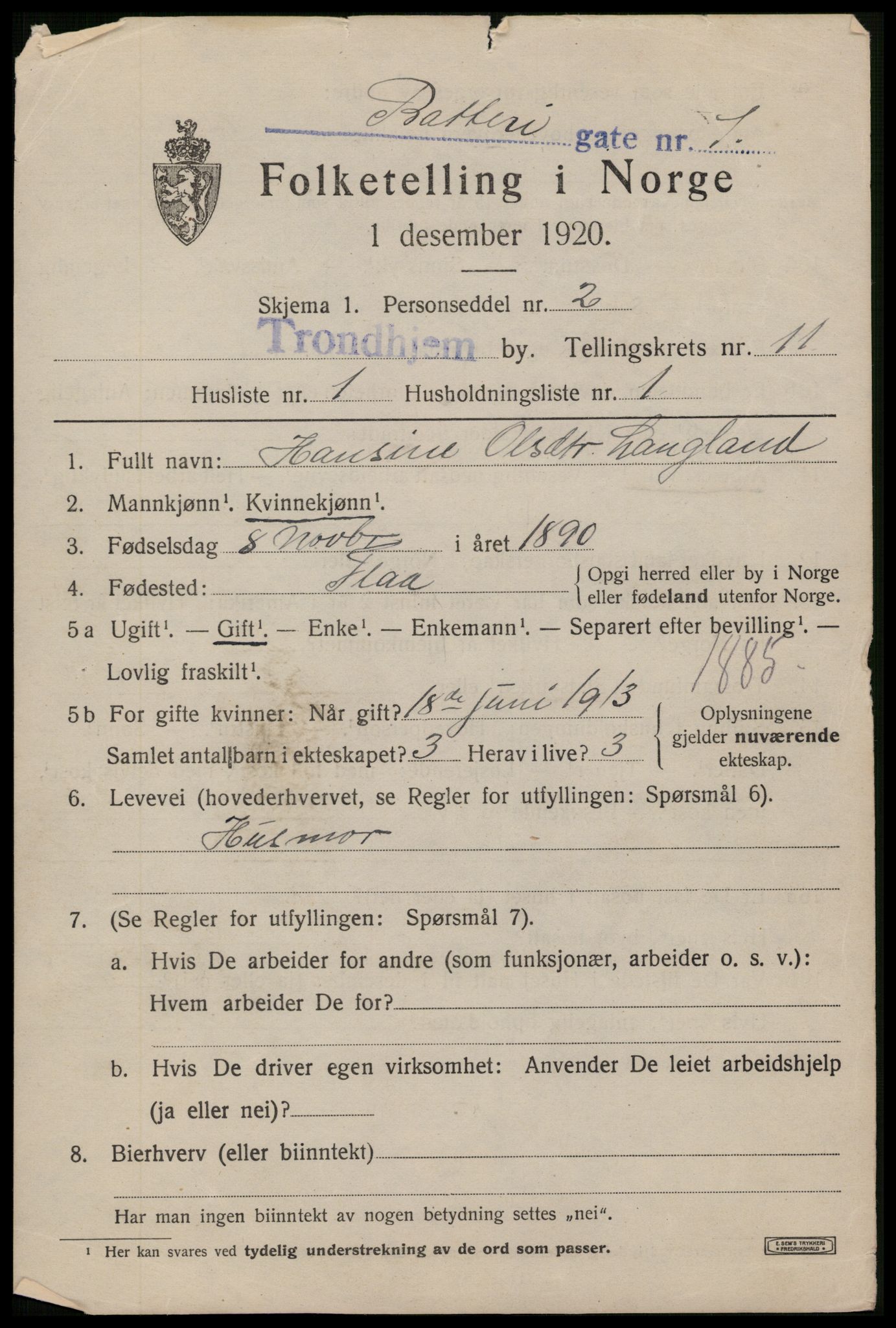 SAT, 1920 census for Trondheim, 1920, p. 46178