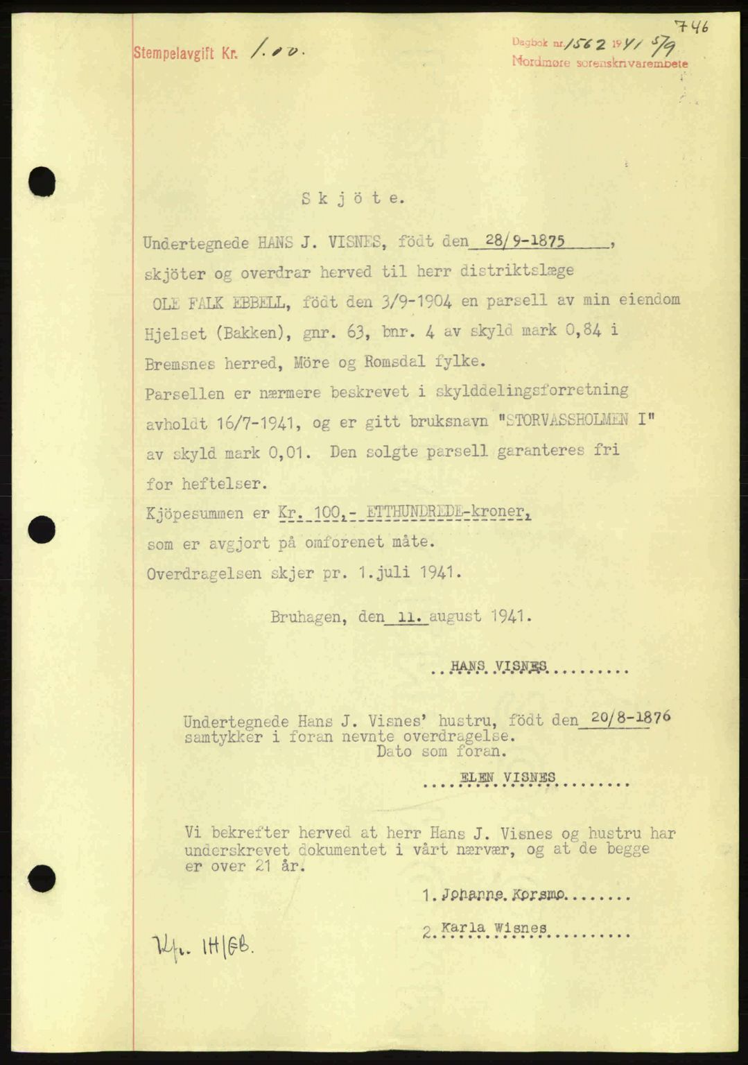 Nordmøre sorenskriveri, SAT/A-4132/1/2/2Ca: Mortgage book no. A90, 1941-1941, Diary no: : 1562/1941