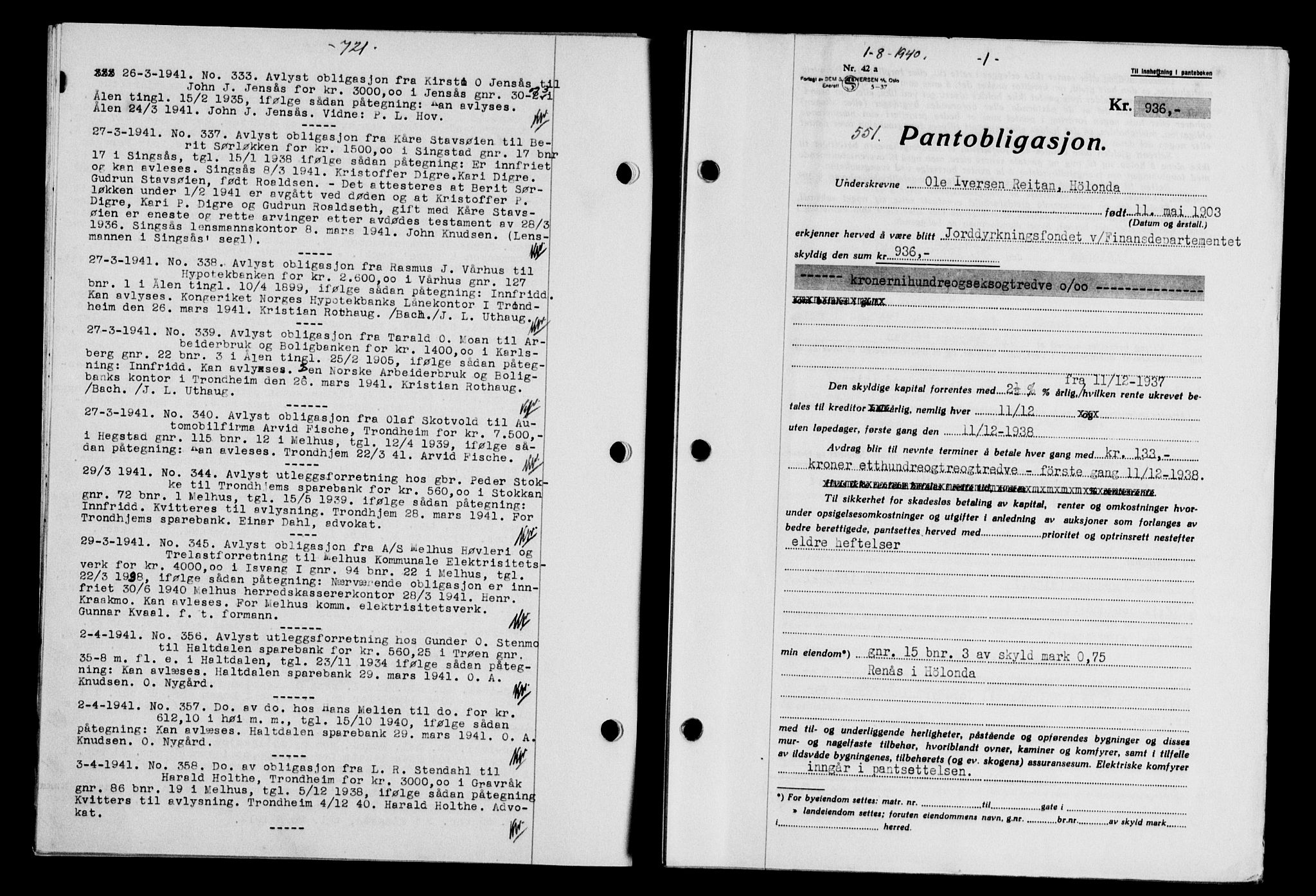 Gauldal sorenskriveri, SAT/A-0014/1/2/2C/L0052: Mortgage book no. 57, 1940-1941, Diary no: : 551/1940
